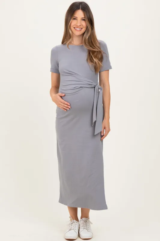 Grey Short Sleeve Waist Tie Side Slit Maternity Maxi Dress sold by Pinkblush