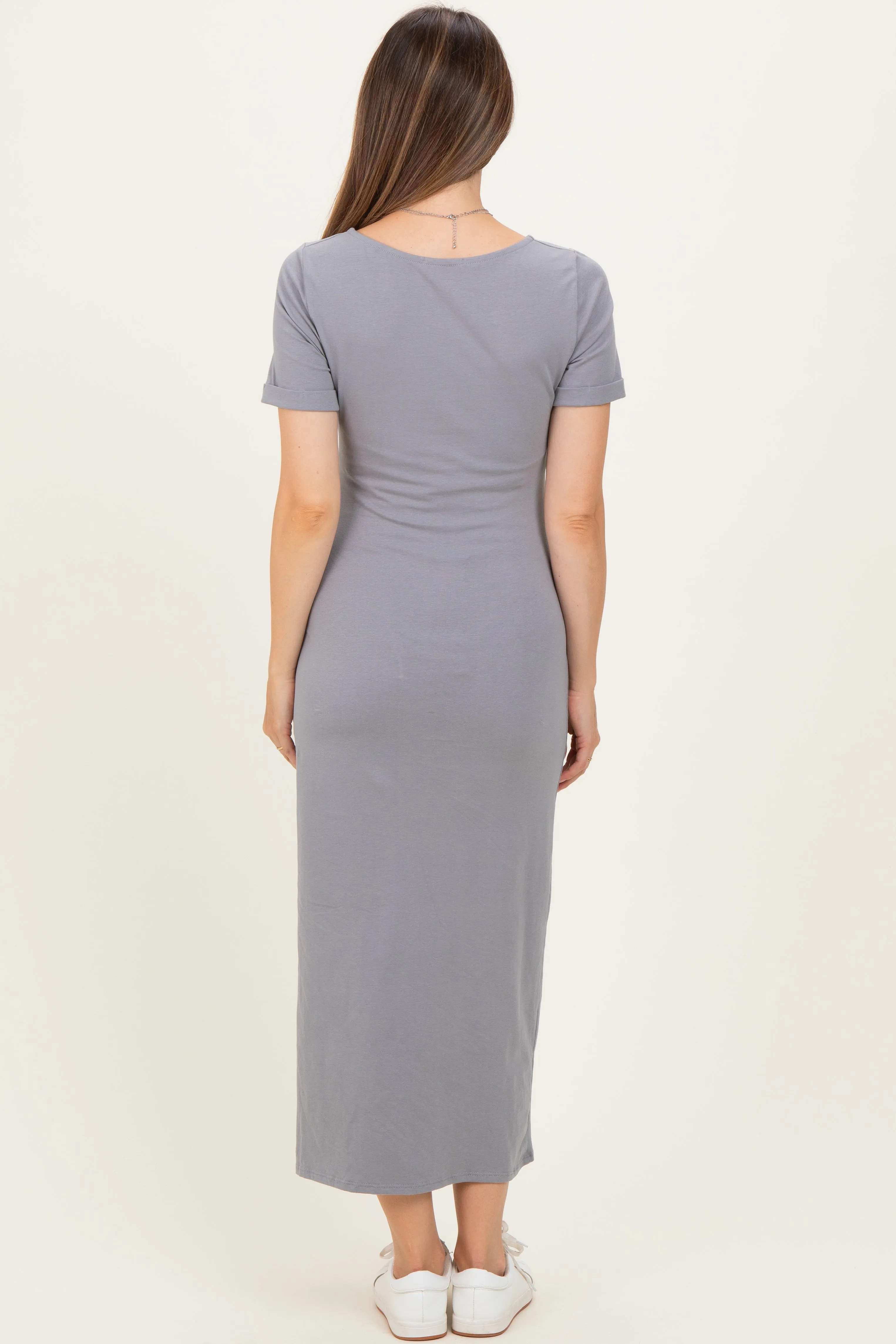 Grey Short Sleeve Waist Tie Side Slit Maternity Maxi Dress sold by Pinkblush product image thumbnail 3