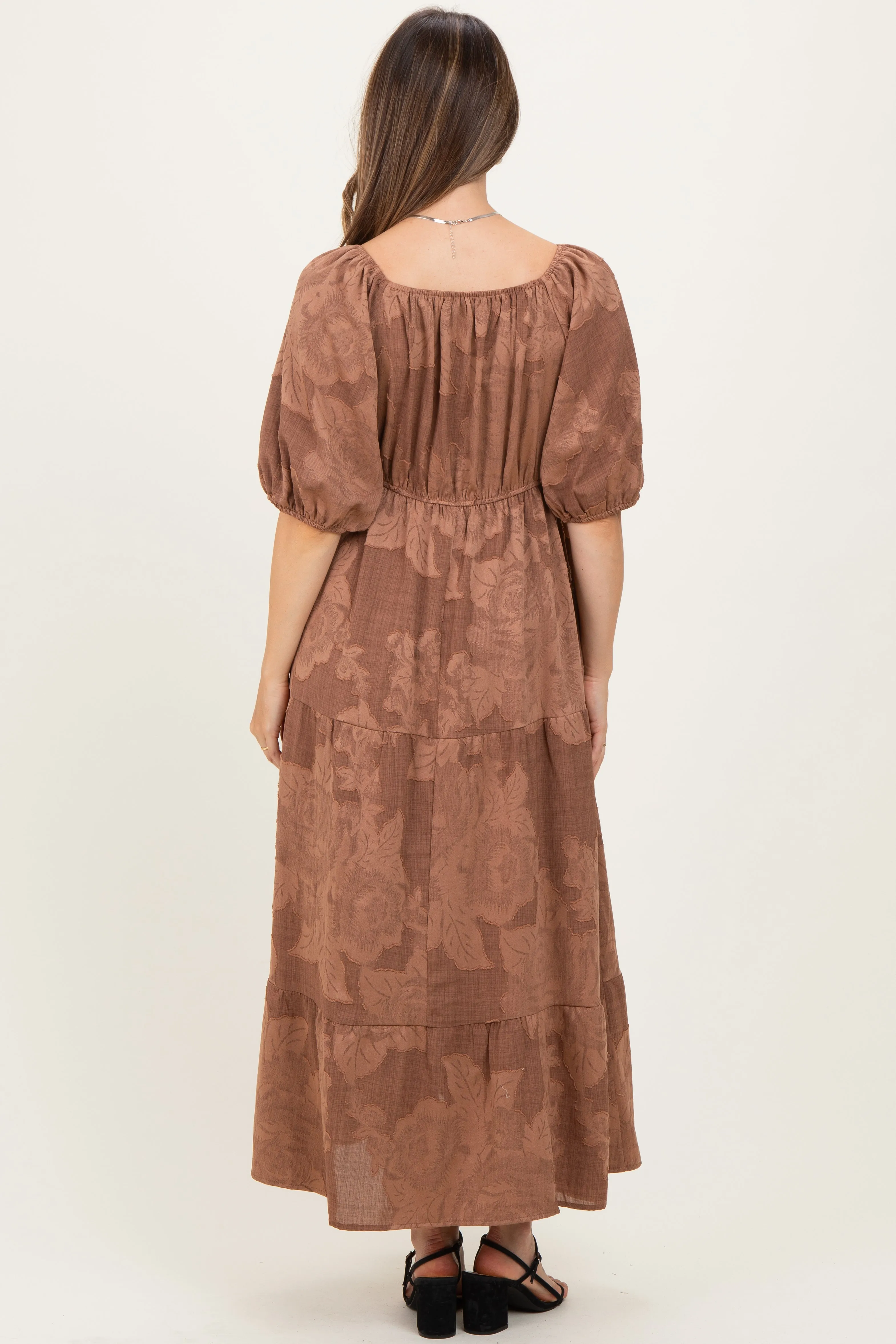 Brown Floral Textured Tiered Midi Maternity Dress sold by Pinkblush product image thumbnail 3