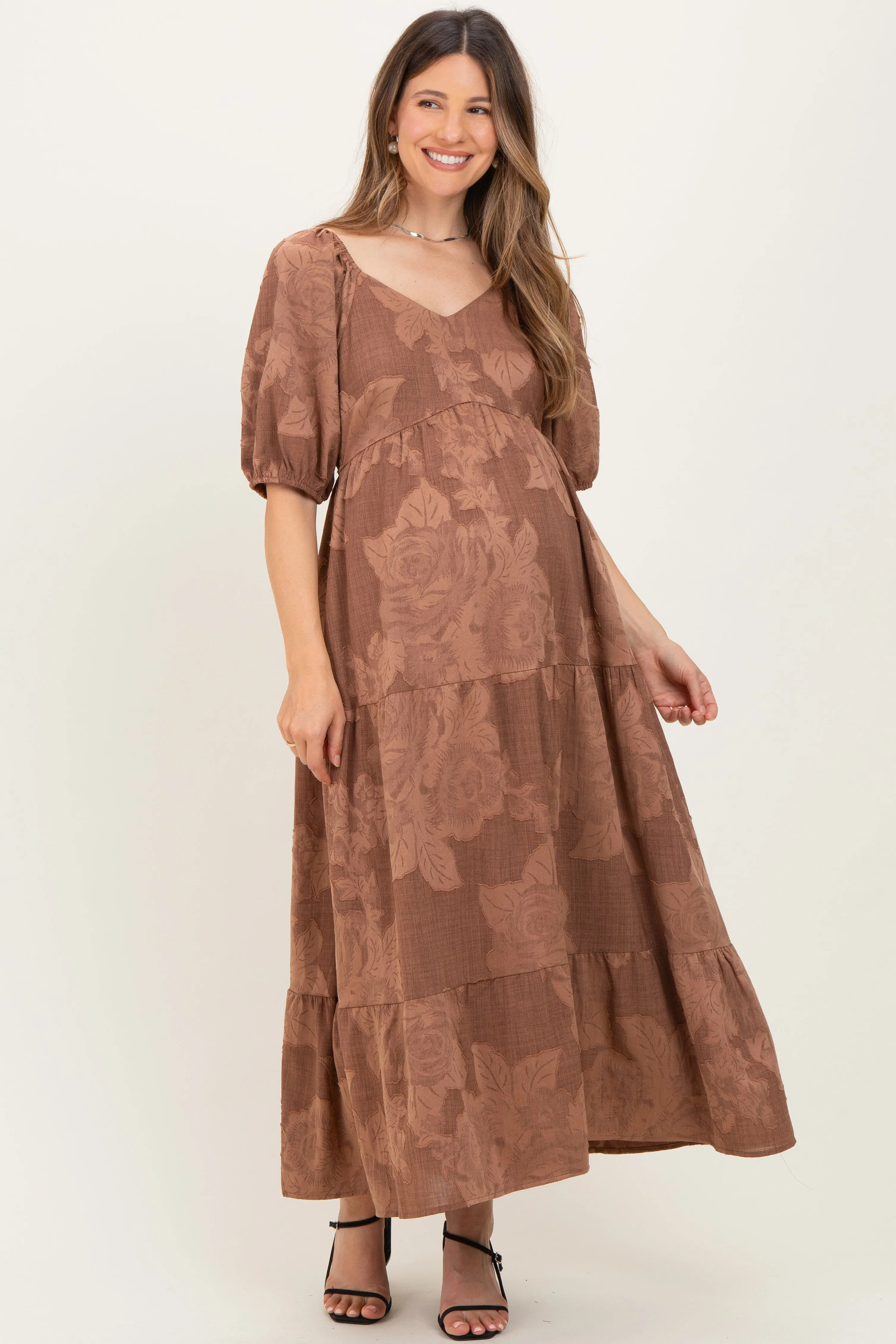 Brown Floral Textured Tiered Midi Maternity Dress sold by Pinkblush