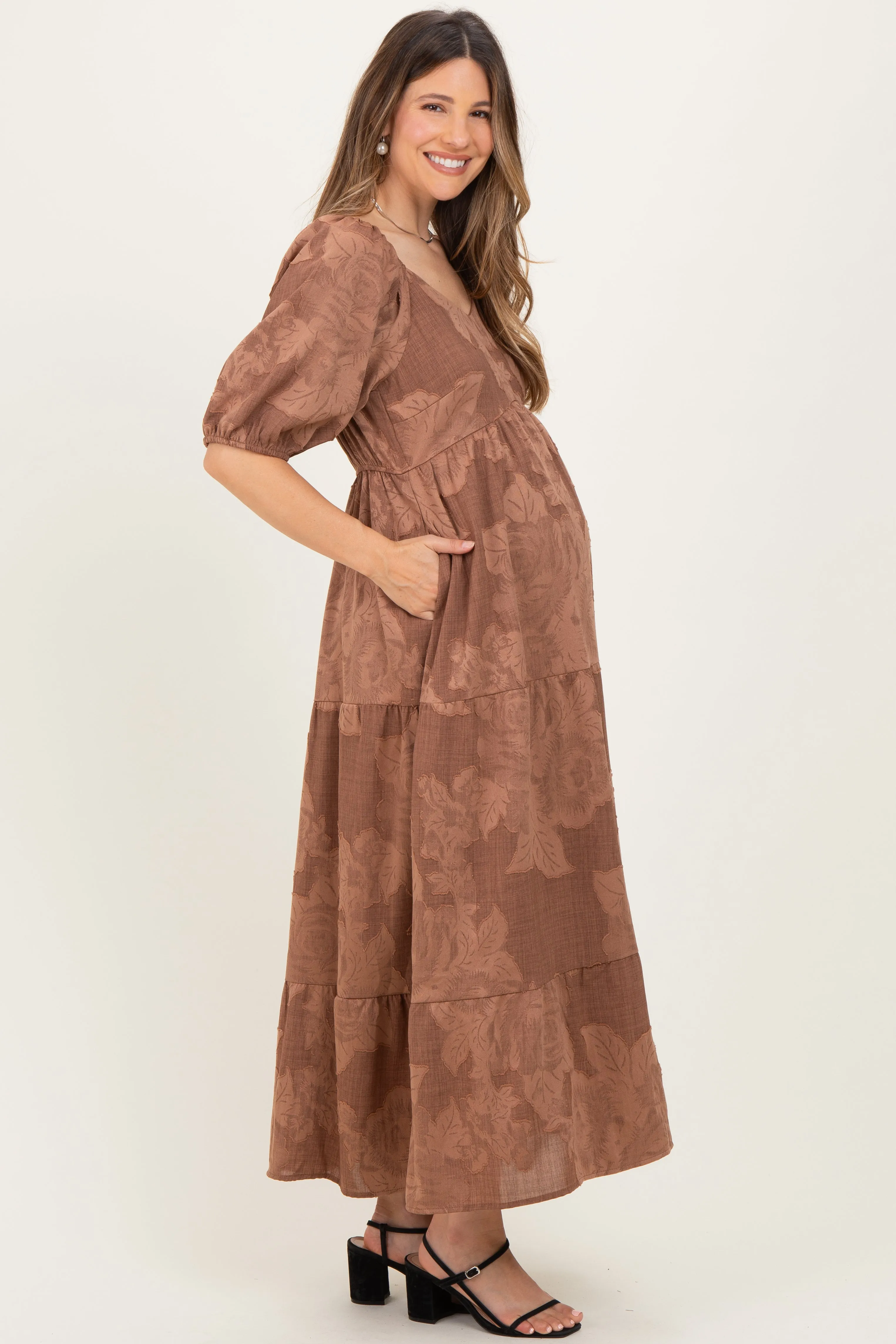 Brown Floral Textured Tiered Midi Maternity Dress sold by Pinkblush product image thumbnail 2