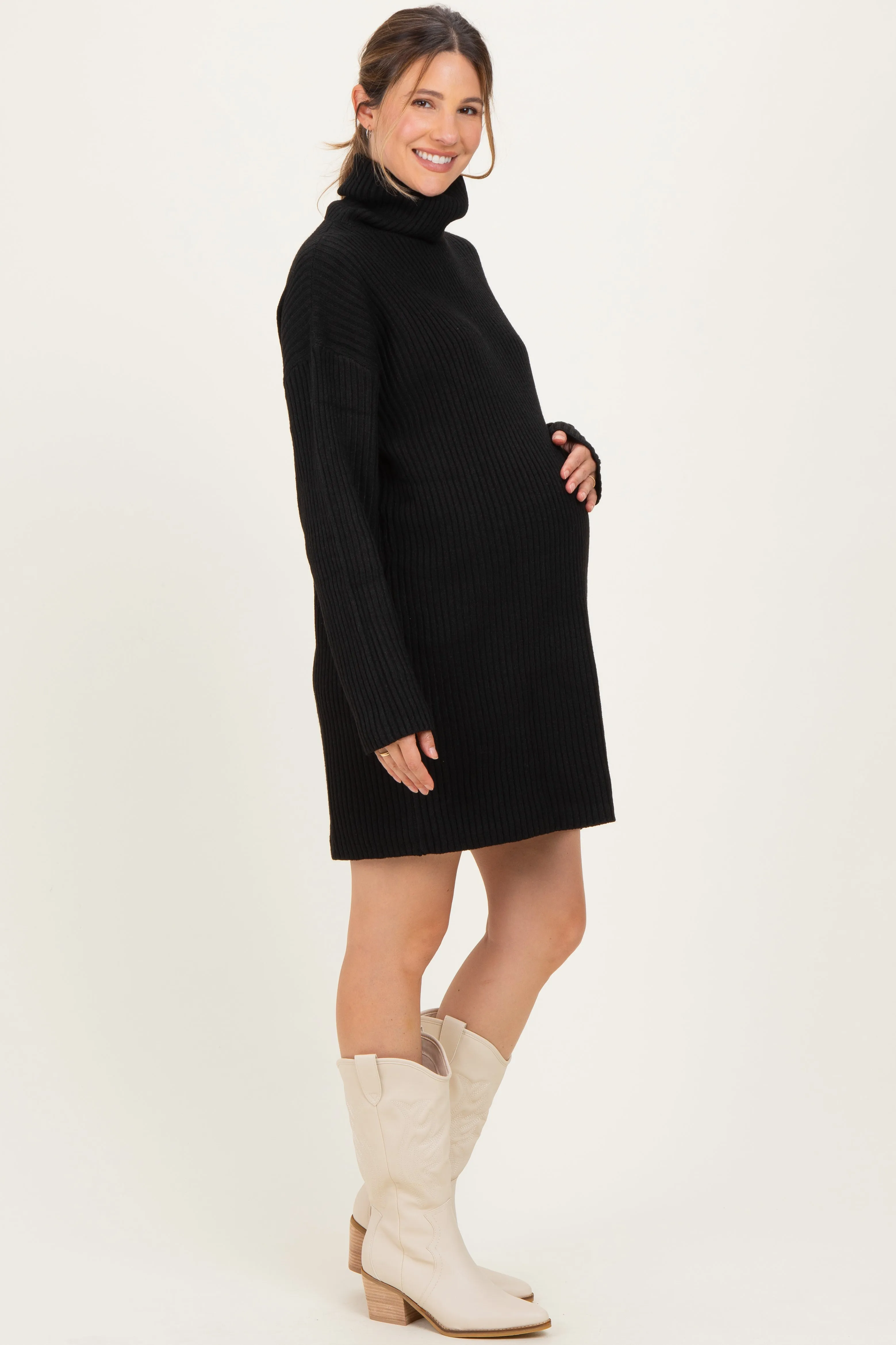Black Turtleneck Chunky Knit Maternity Sweater Dress sold by Pinkblush product image thumbnail 3
