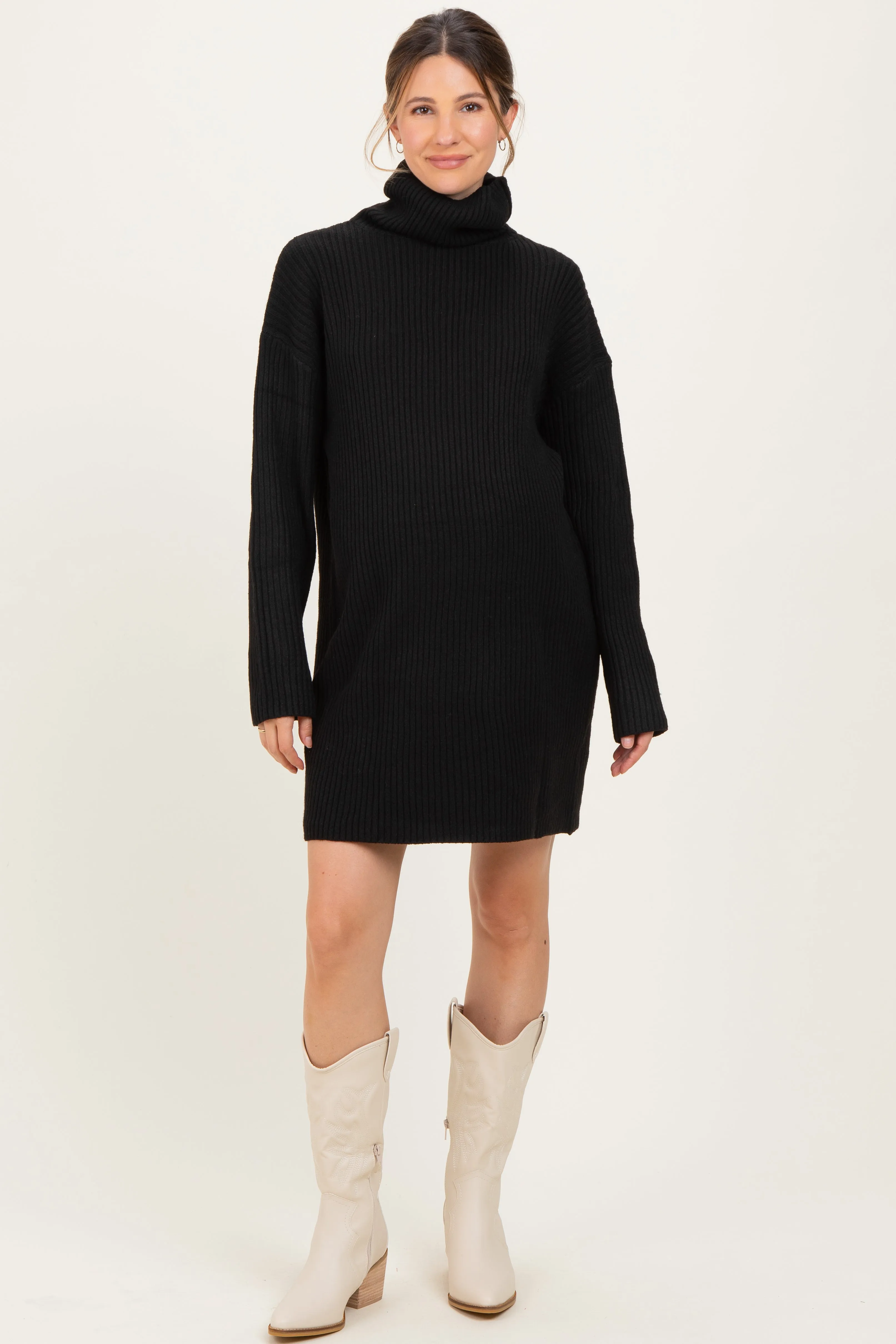 Black Turtleneck Chunky Knit Maternity Sweater Dress sold by Pinkblush product image thumbnail 2