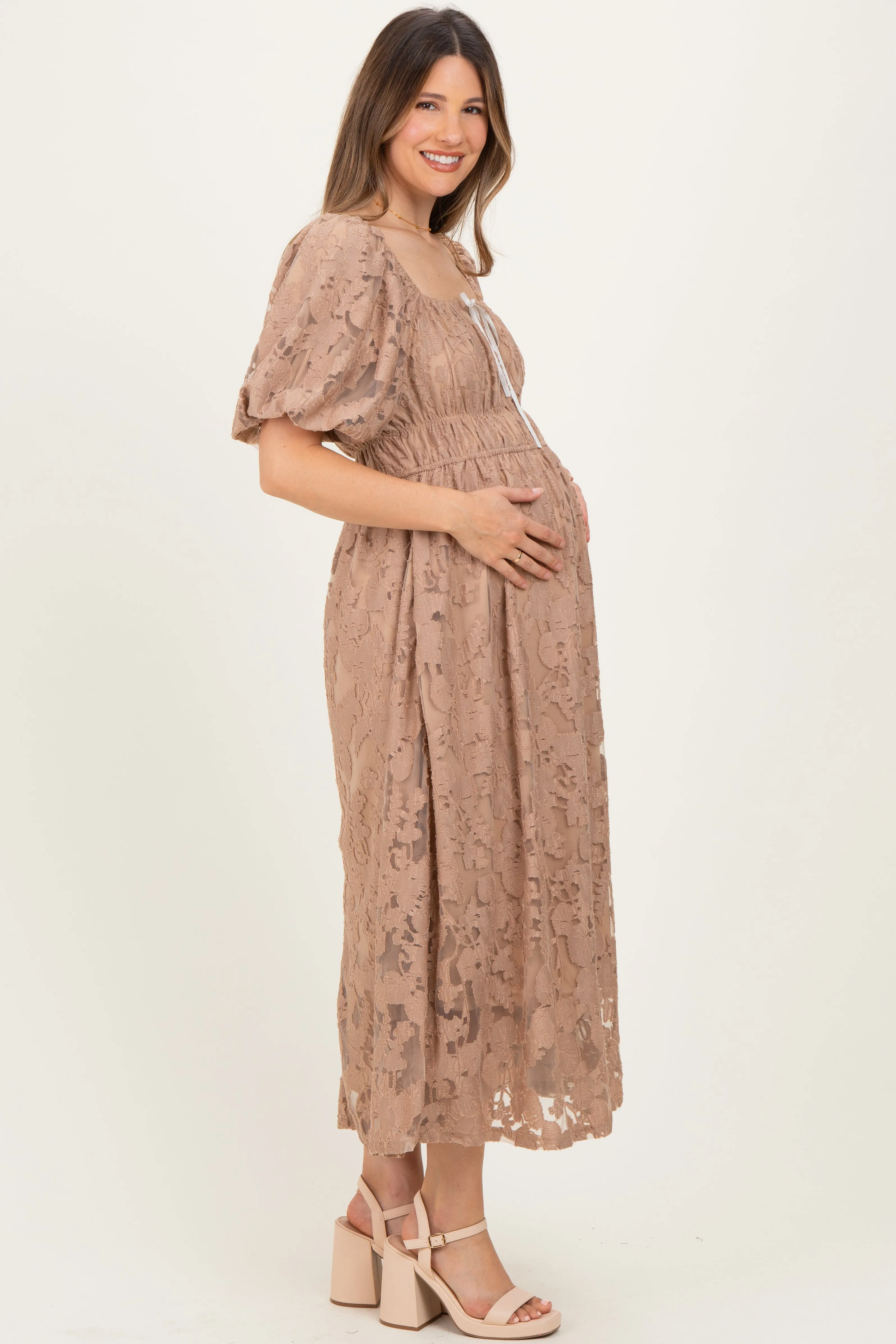 Mocha Lace Puff Sleeve Maternity Midi Dress sold by Pinkblush product image thumbnail 2