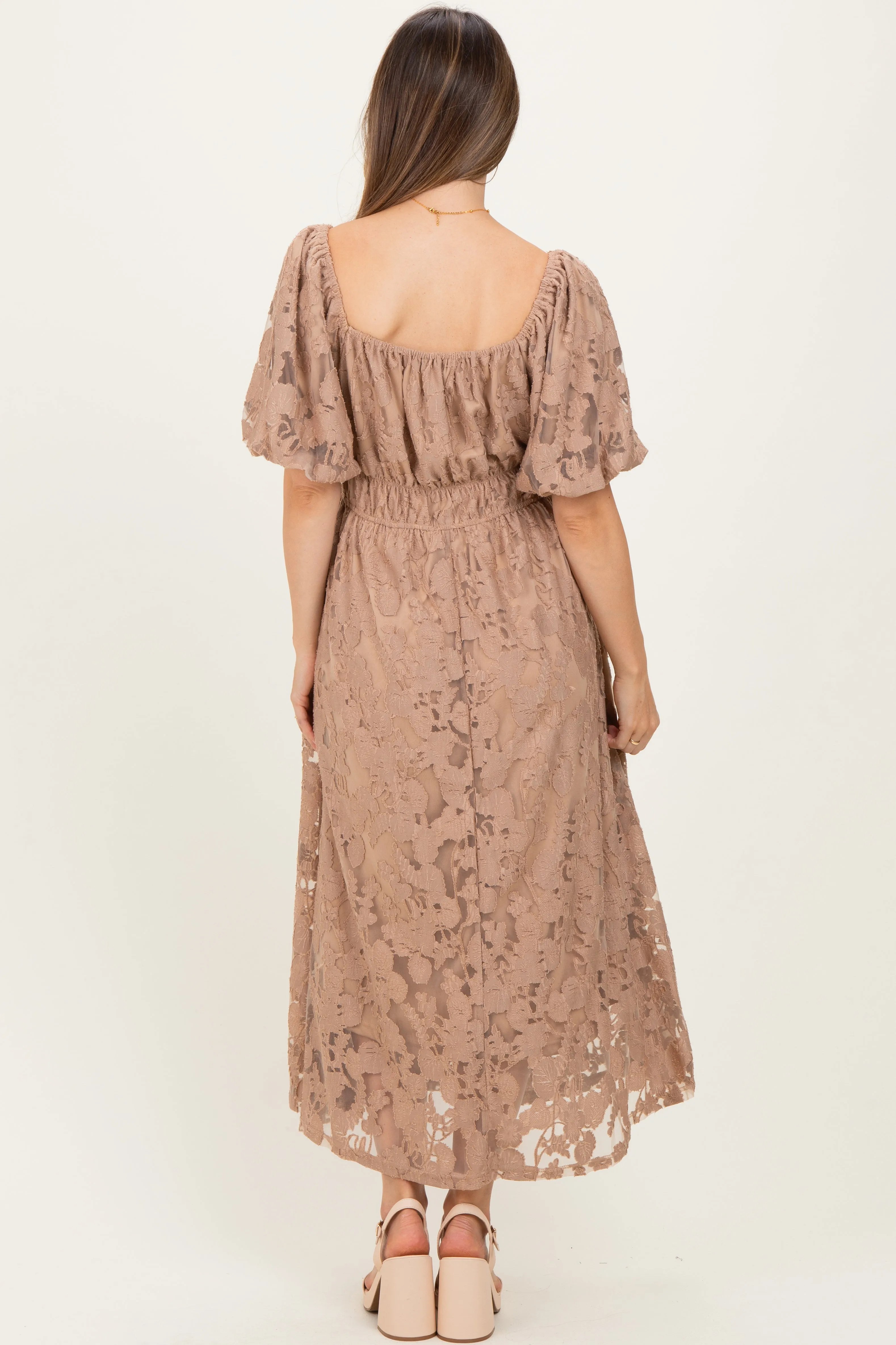 Mocha Lace Puff Sleeve Maternity Midi Dress sold by Pinkblush product image thumbnail 3