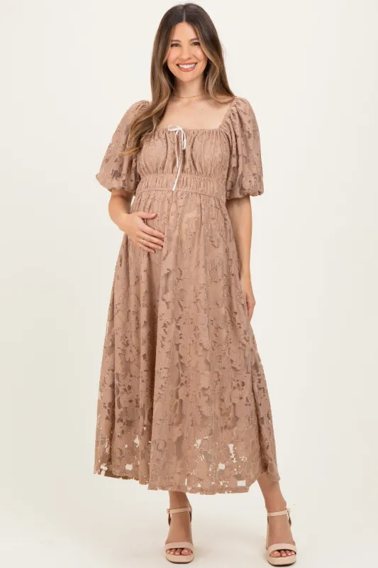 Mocha Lace Puff Sleeve Maternity Midi Dress sold by Pinkblush