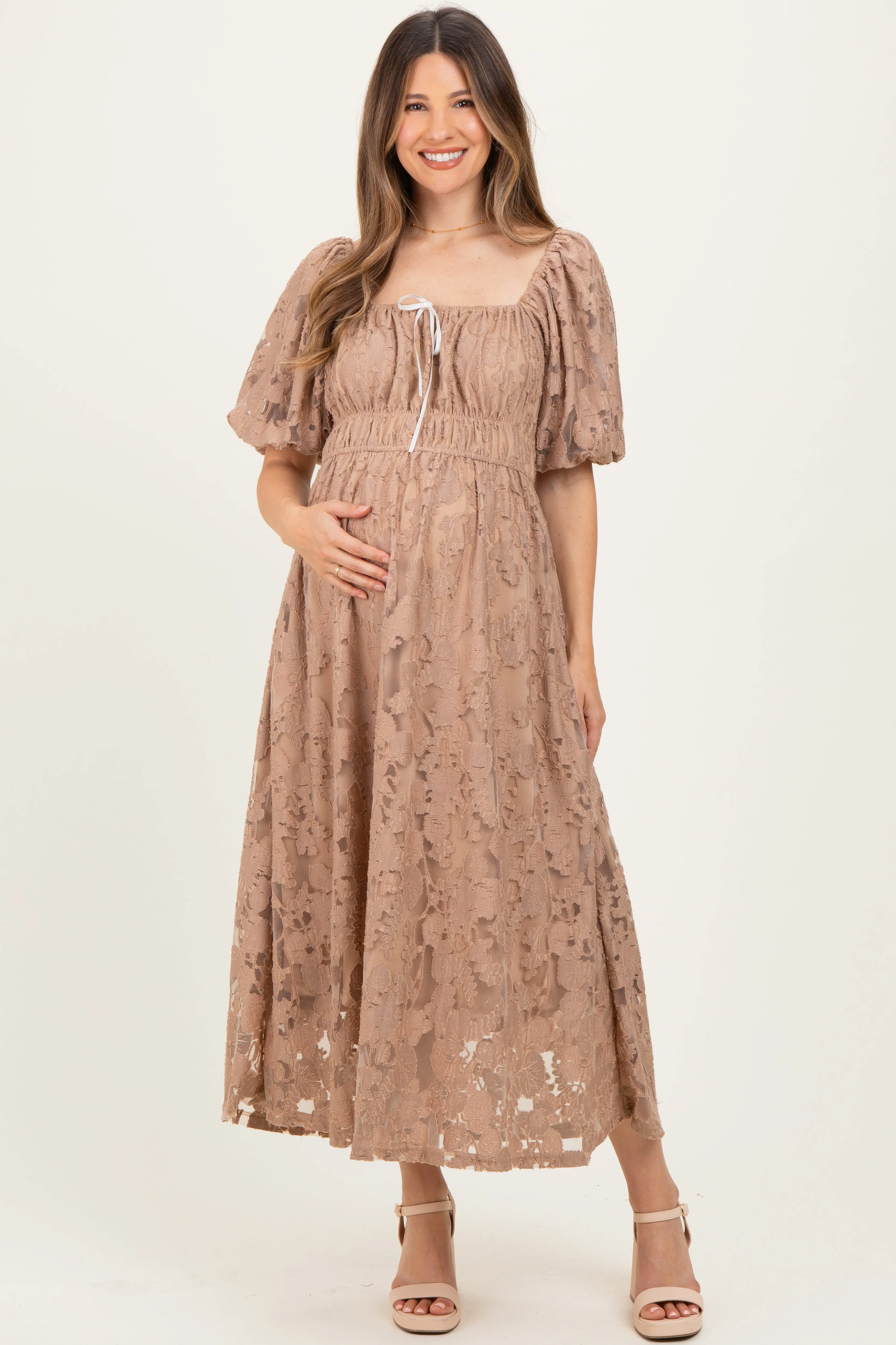 Mocha Lace Puff Sleeve Maternity Midi Dress sold by Pinkblush