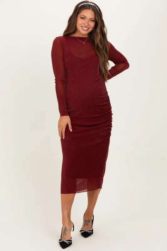Burgundy Shimmer Mesh Long Sleeve Ruched Maternity Midi Dress sold by Pinkblush