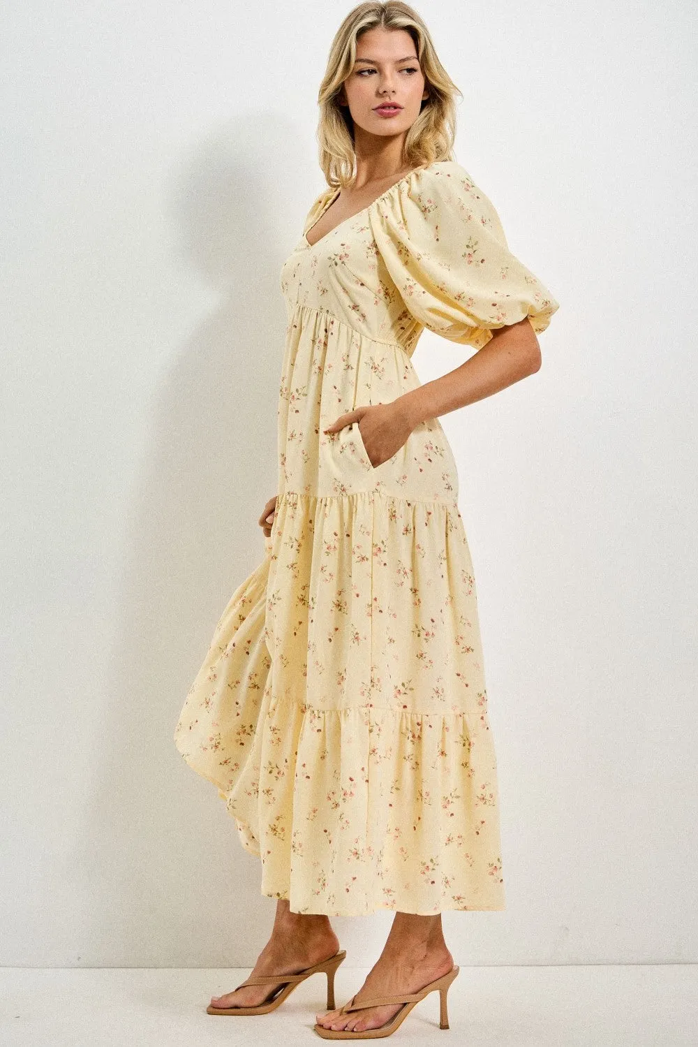 Butter Yellow Floral Tiered Puff Sleeve Midi Dress sold by Pinkblush product image thumbnail 2