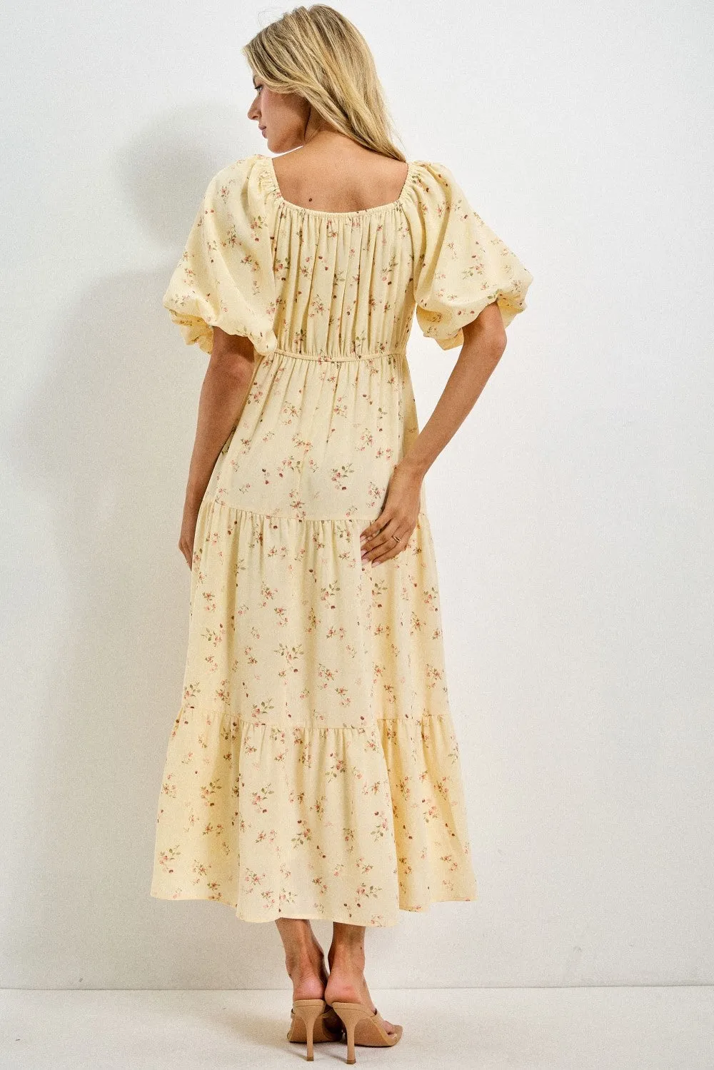 Butter Yellow Floral Tiered Puff Sleeve Midi Dress sold by Pinkblush product image thumbnail 3