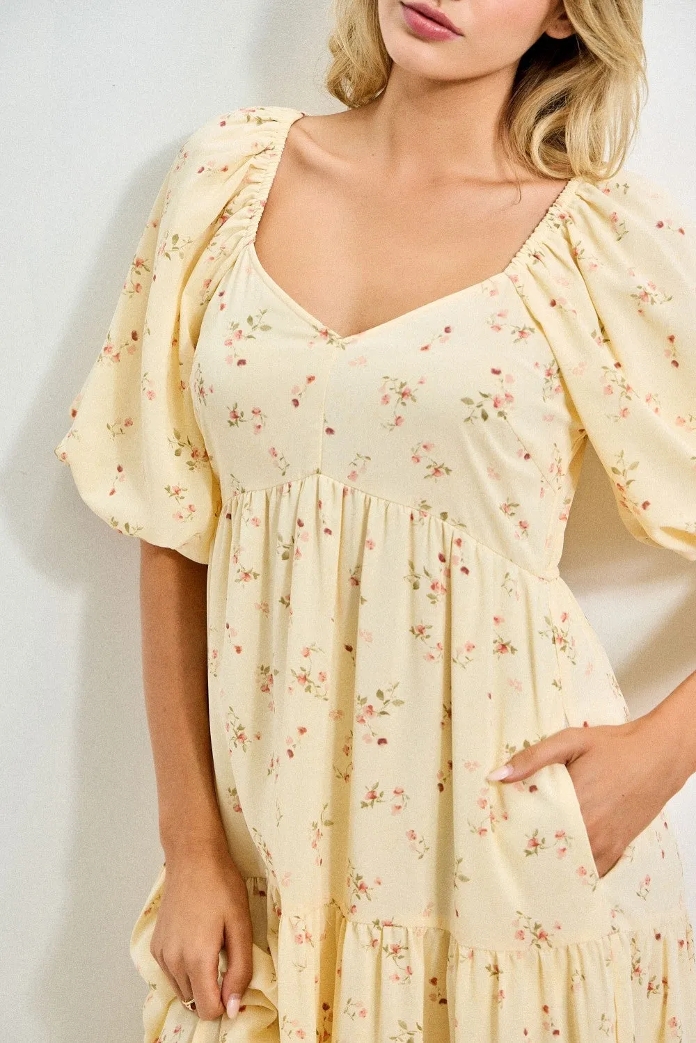Butter Yellow Floral Tiered Puff Sleeve Midi Dress sold by Pinkblush product image thumbnail 4