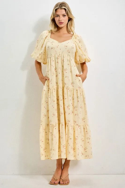 Butter Yellow Floral Tiered Puff Sleeve Midi Dress sold by Pinkblush