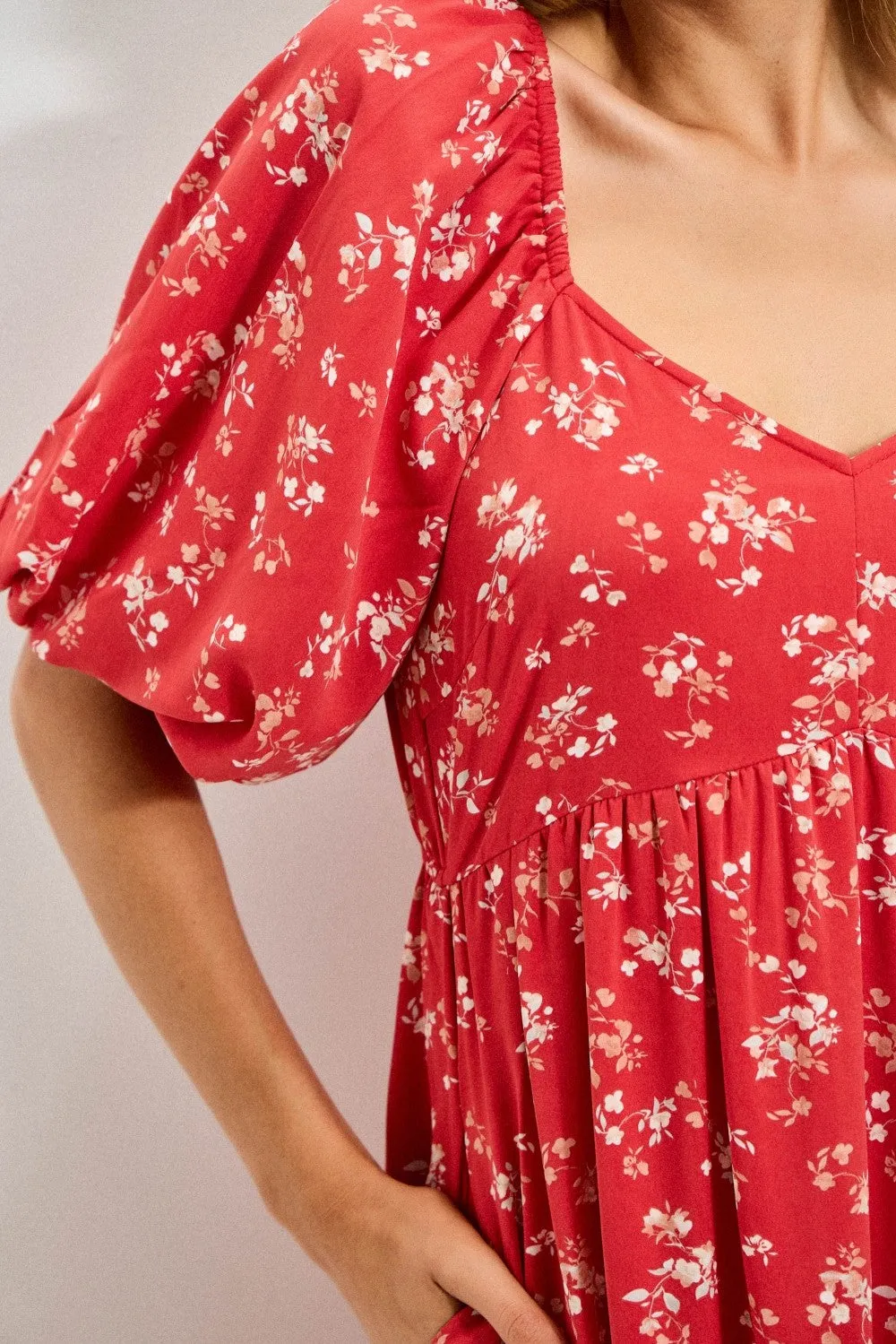 Red Floral Tiered Puff Sleeve Midi Dress sold by Pinkblush product image thumbnail 4