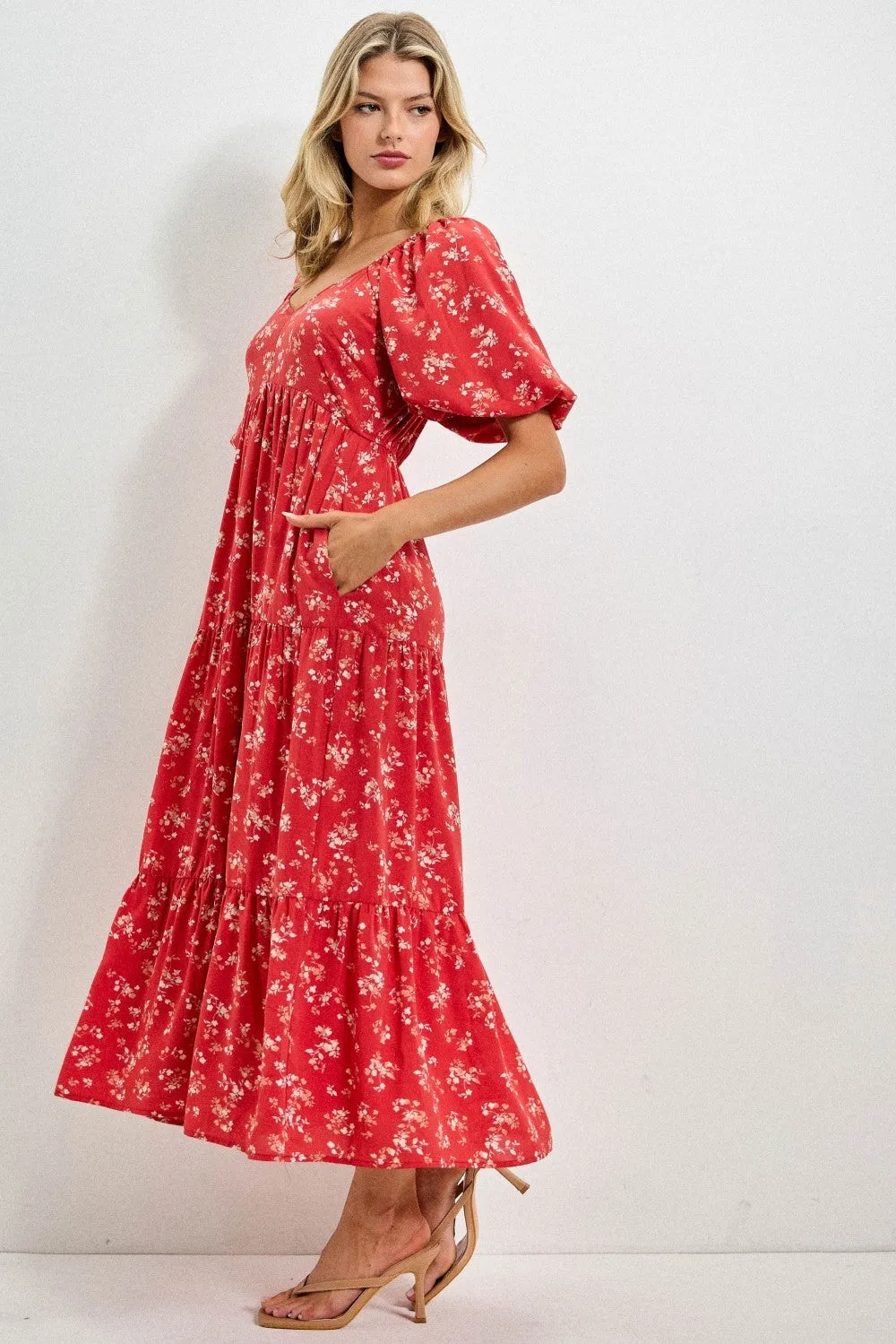 Red Floral Tiered Puff Sleeve Midi Dress sold by Pinkblush product image thumbnail 2