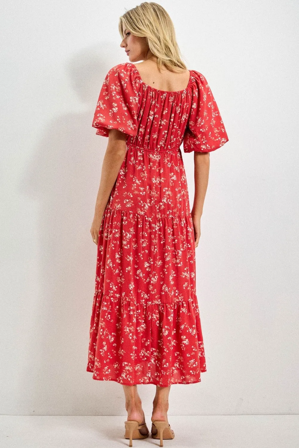 Red Floral Tiered Puff Sleeve Midi Dress sold by Pinkblush product image thumbnail 3