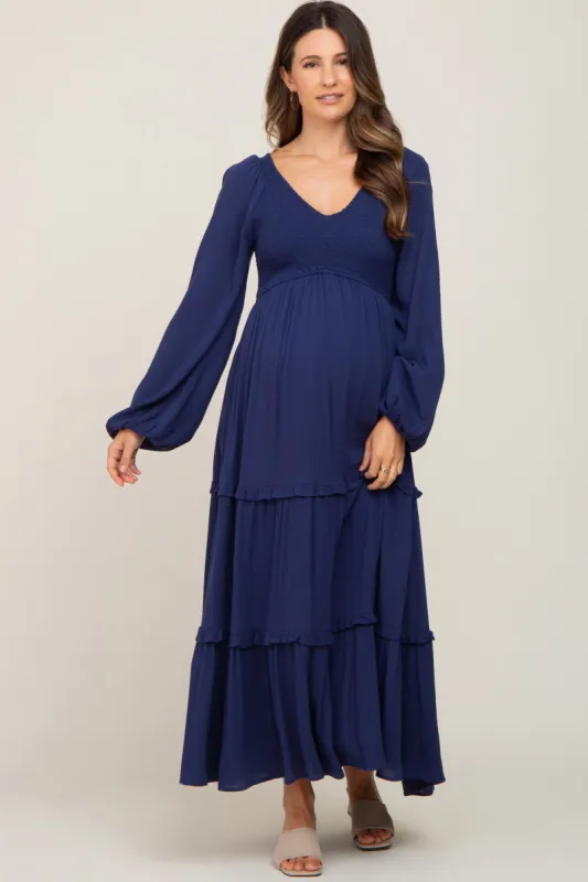 Navy Blue Smocked Tiered Maternity Midi Dress sold by Pinkblush