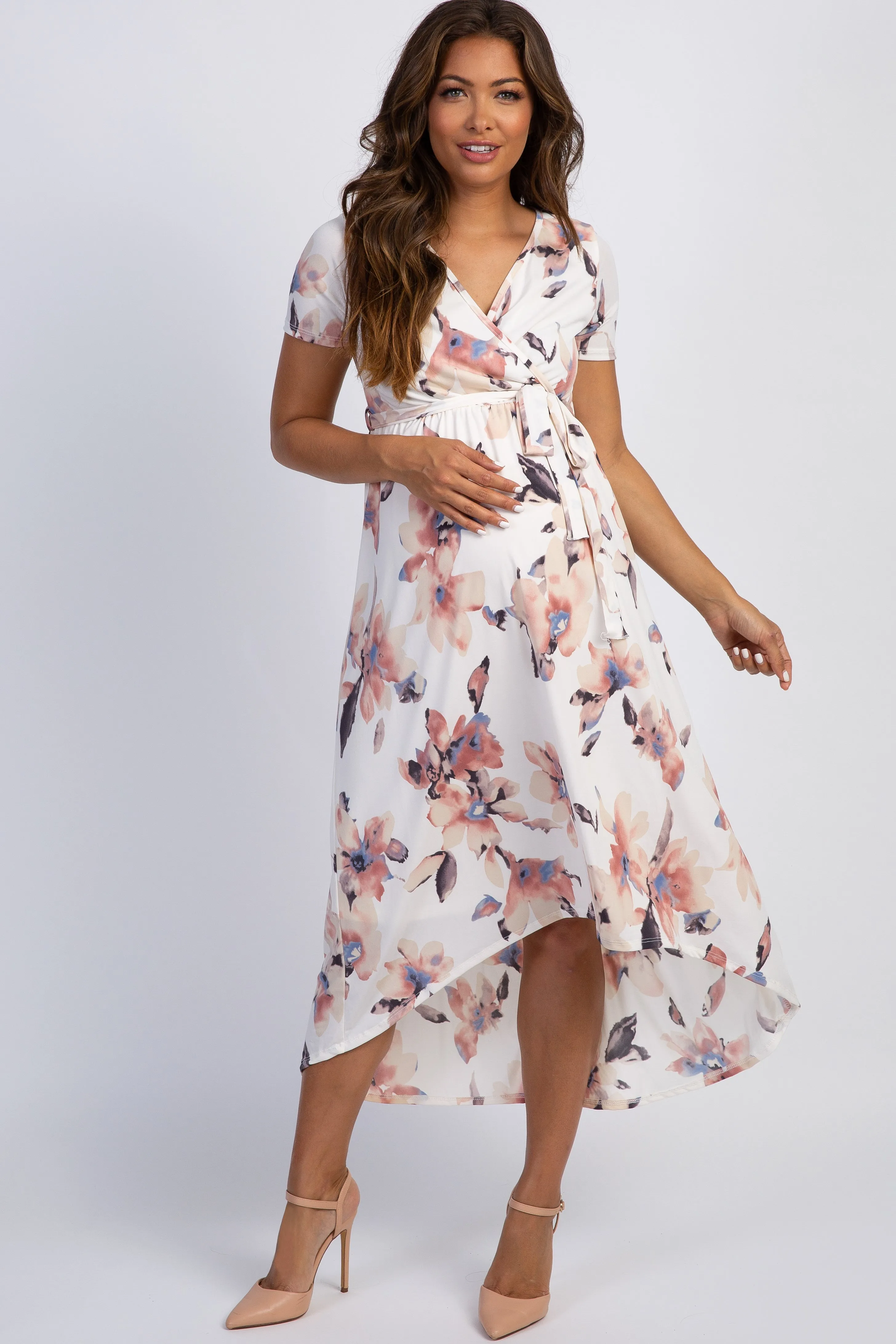 PinkBlush Ivory Watercolor Floral Hi-Low Maternity Wrap Dress sold by Pinkblush