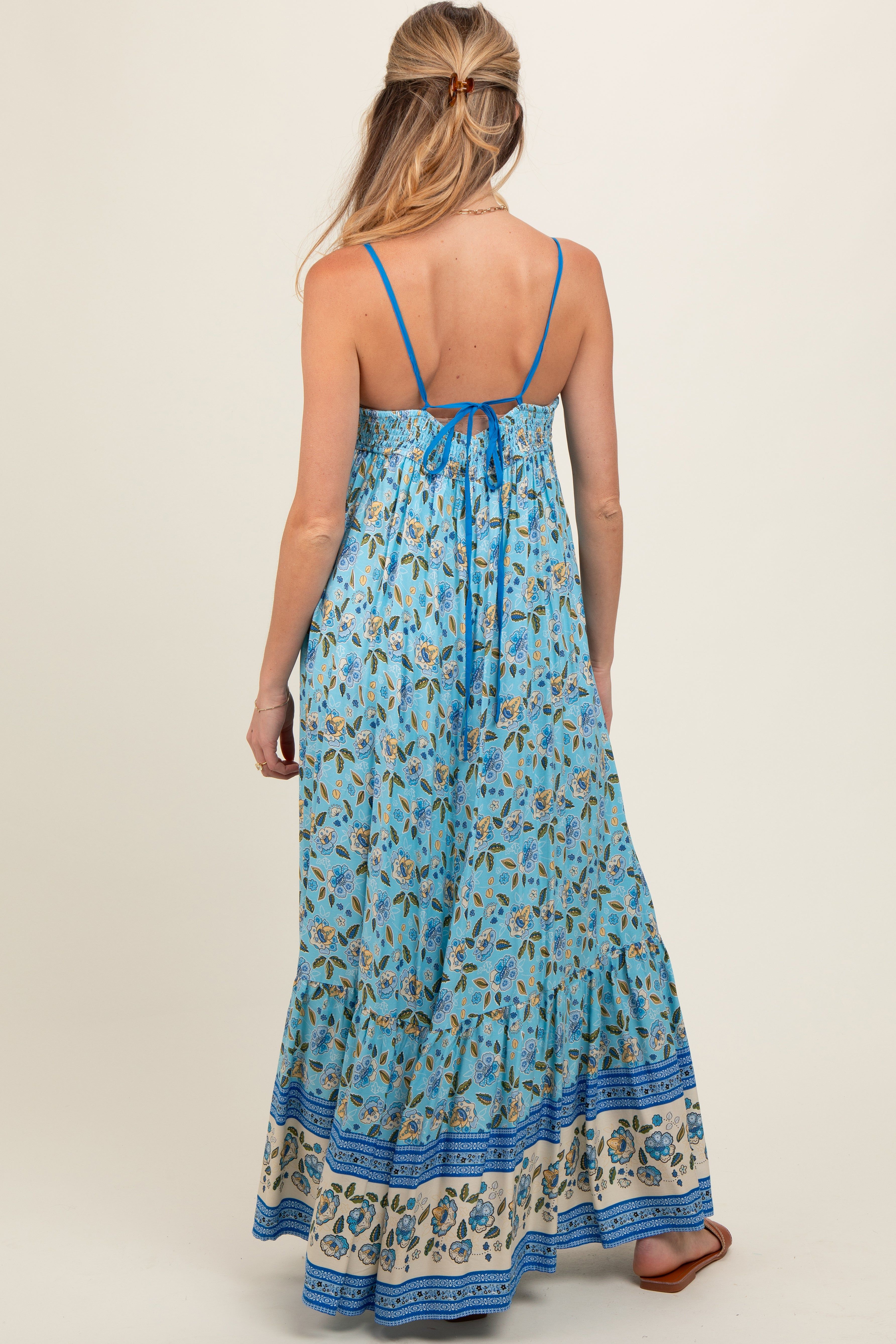 Blue Floral Border Print Lace Up Back Maternity Maxi Dress sold by Pinkblush product image thumbnail 4