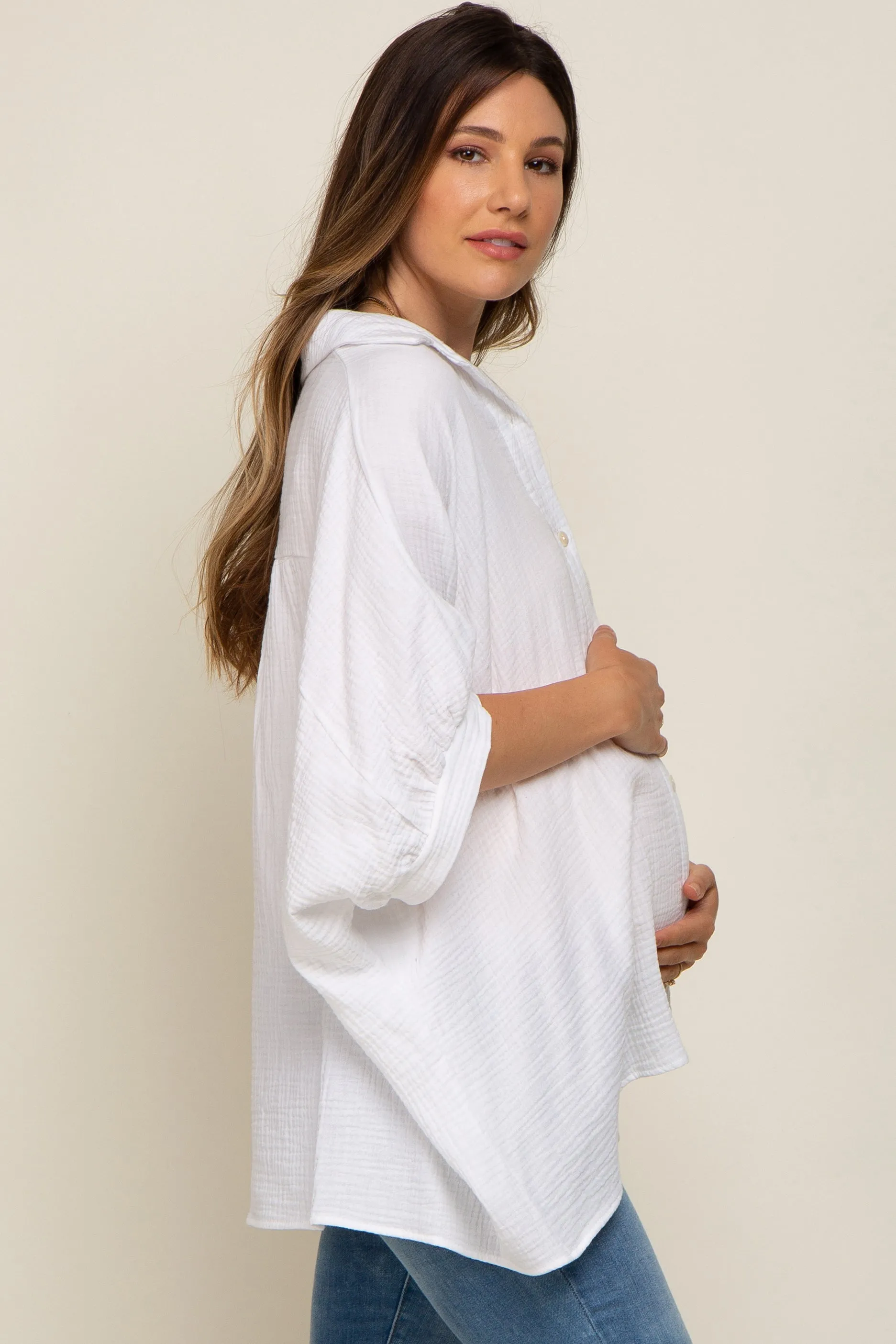 White Gauze Double Layered Maternity Button Up Top sold by Pinkblush product image thumbnail 2