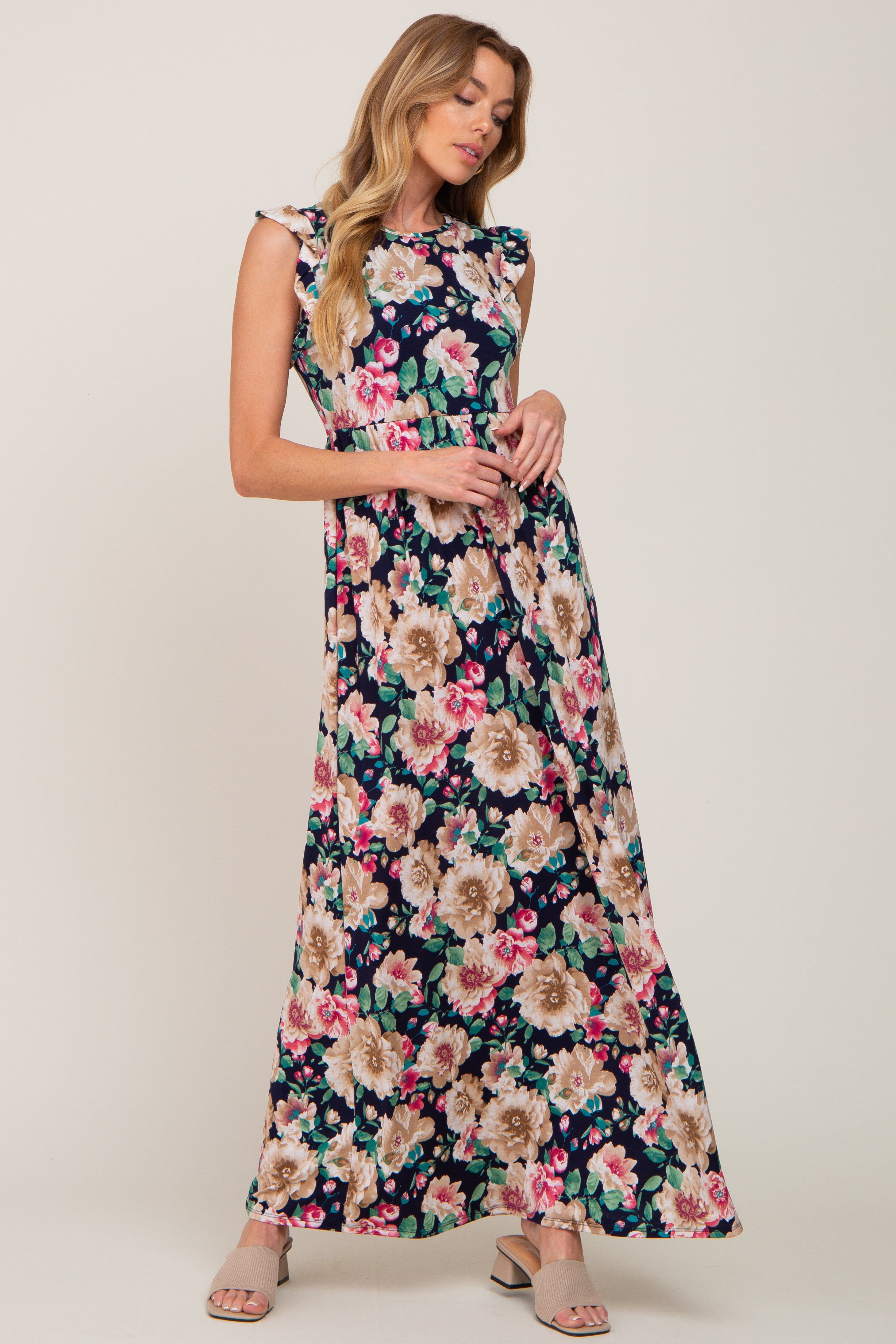 Navy Floral Ruffle Accent Maxi Dress sold by Pinkblush product image thumbnail 5