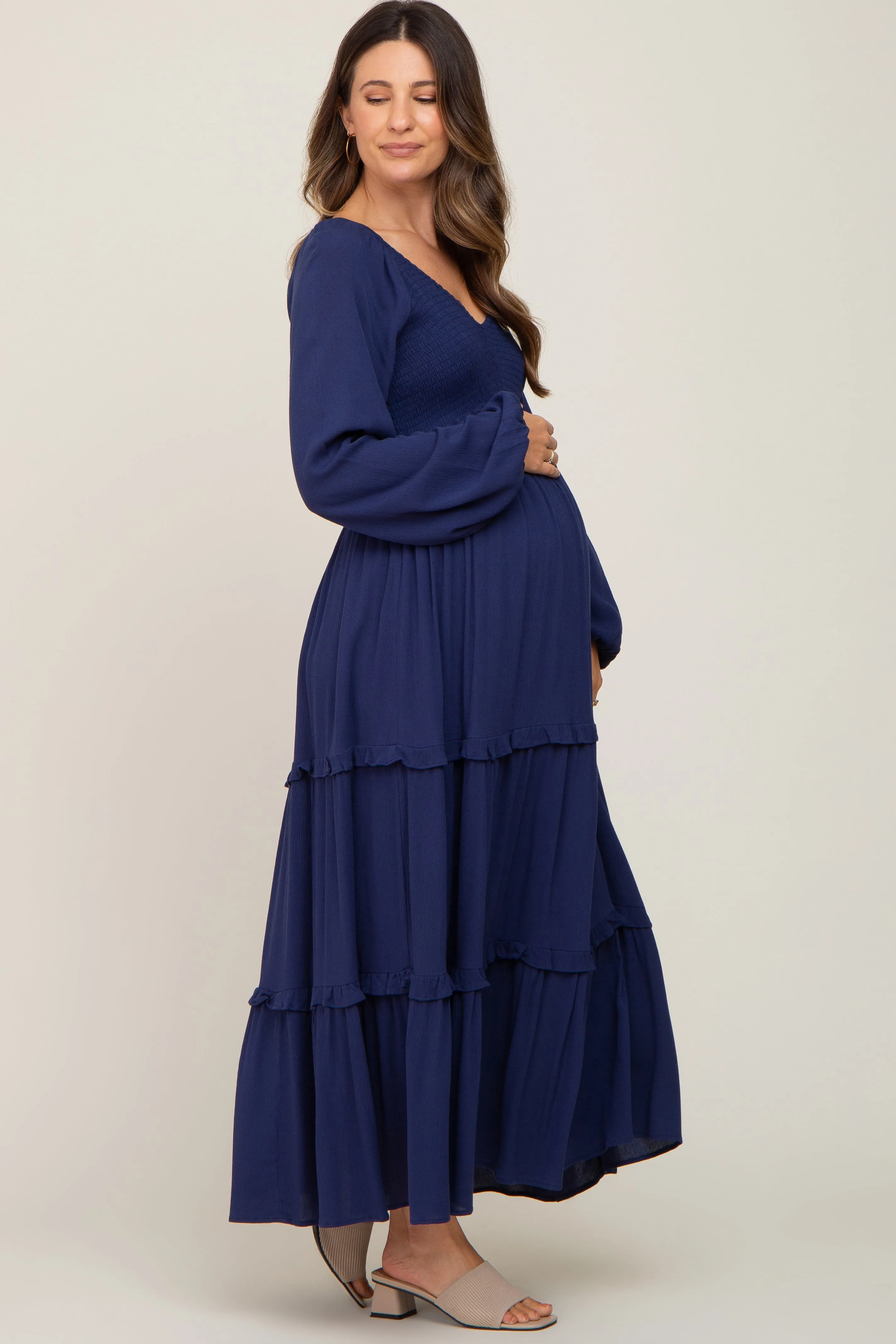 Navy Blue Smocked Tiered Maternity Midi Dress sold by Pinkblush product image thumbnail 2