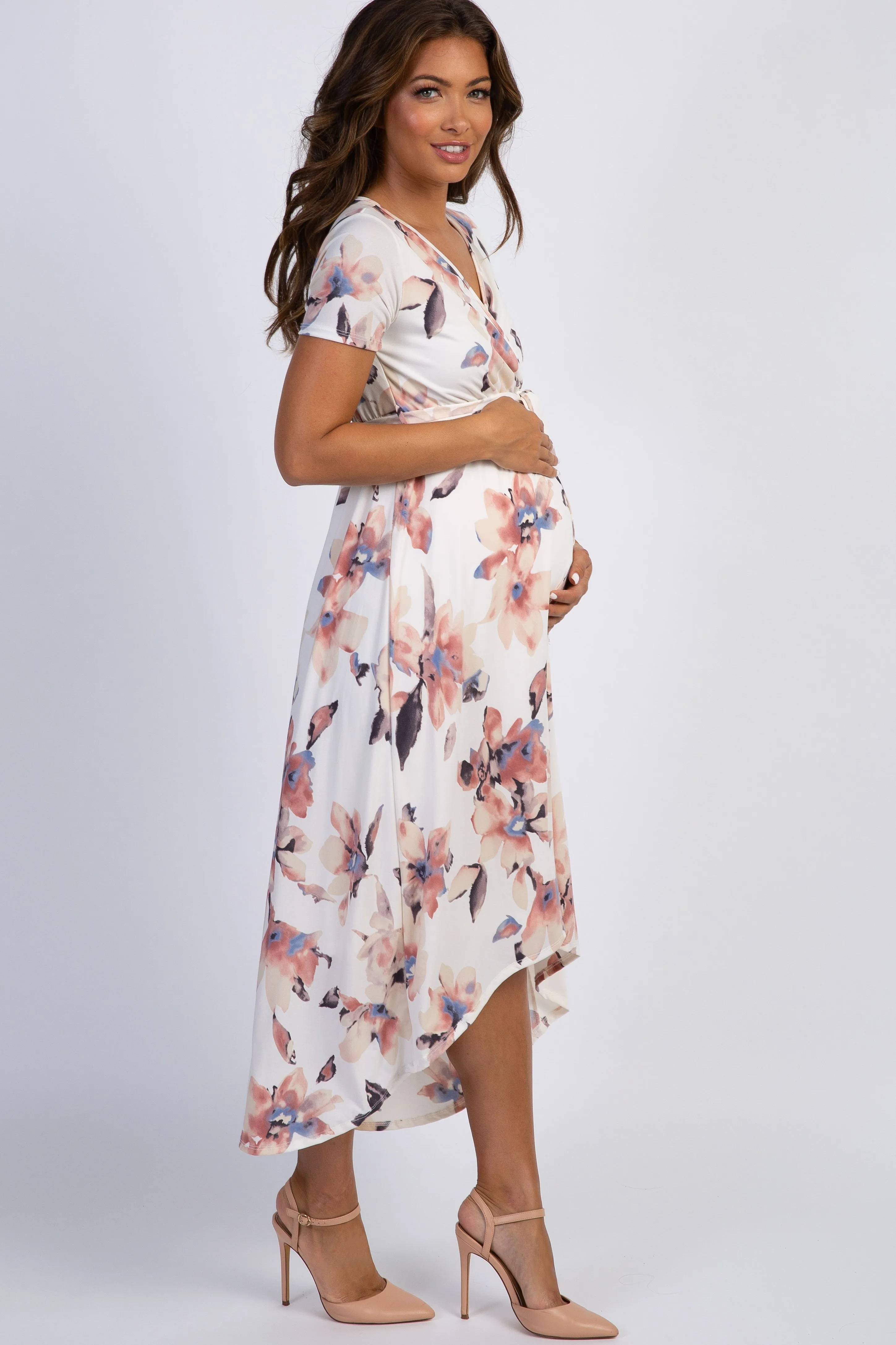 PinkBlush Ivory Watercolor Floral Hi-Low Maternity Wrap Dress sold by Pinkblush product image thumbnail 2