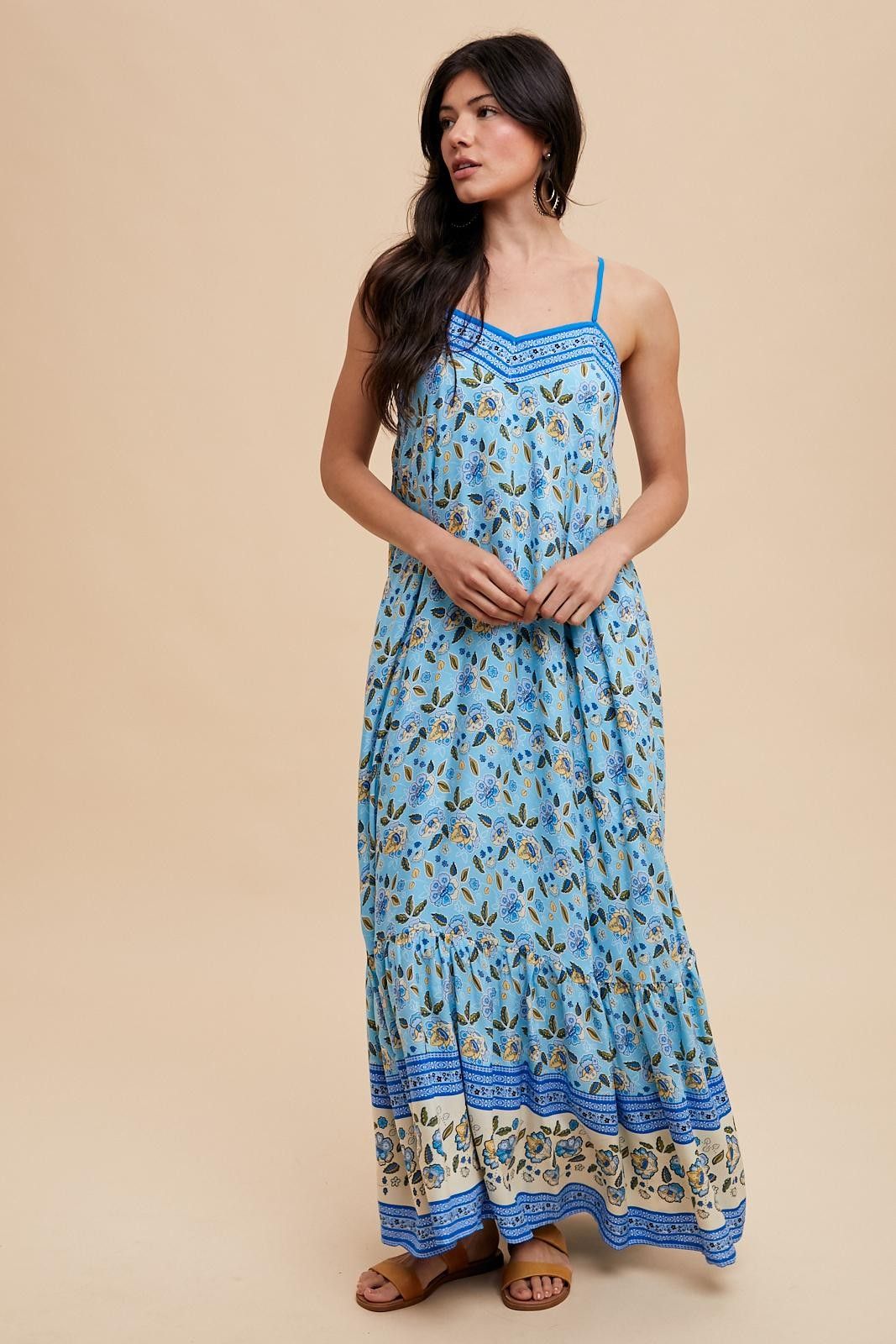 Blue Floral Border Print Lace Up Back Maternity Maxi Dress sold by Pinkblush product image thumbnail 5