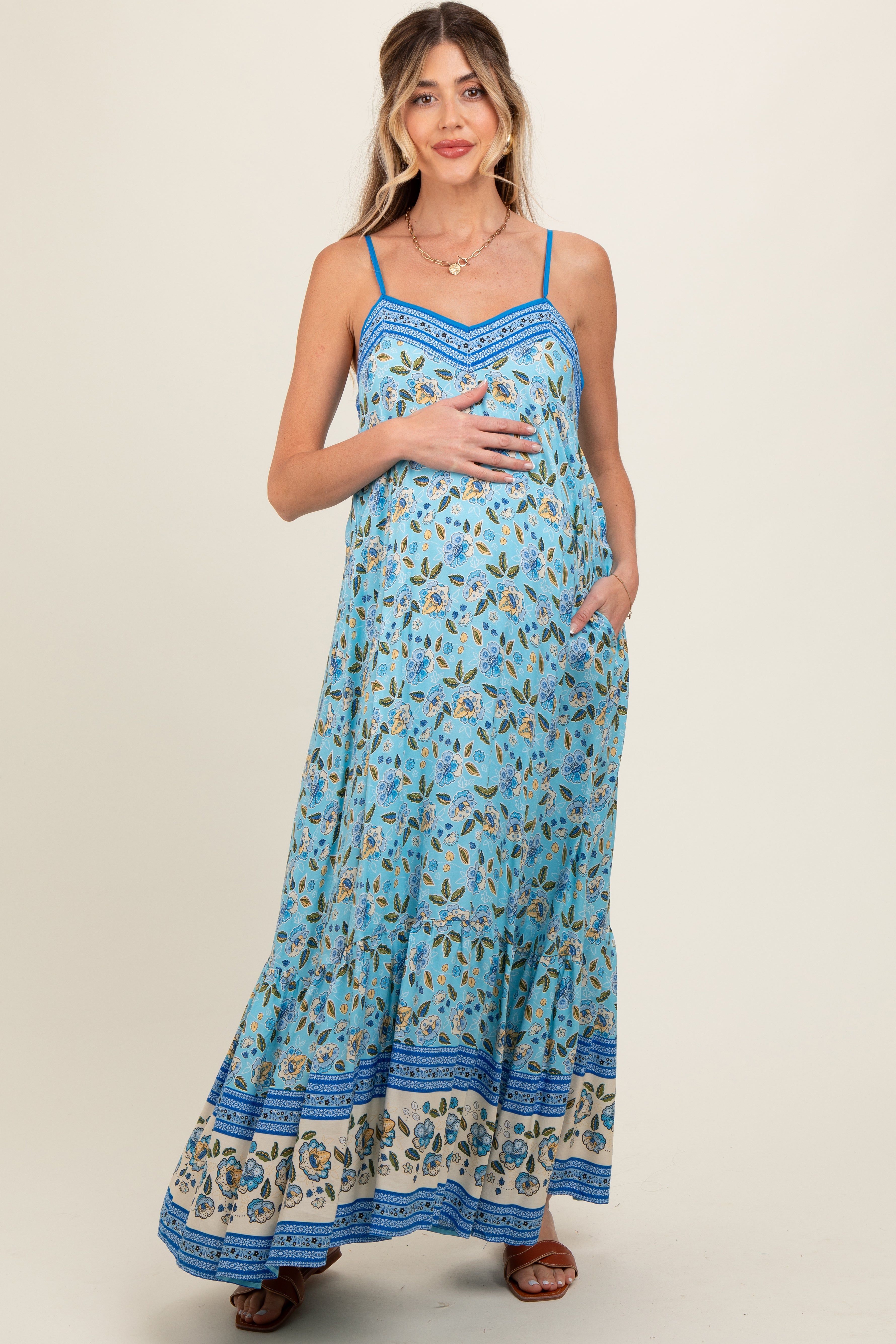Blue Floral Border Print Lace Up Back Maternity Maxi Dress sold by Pinkblush product image thumbnail 2