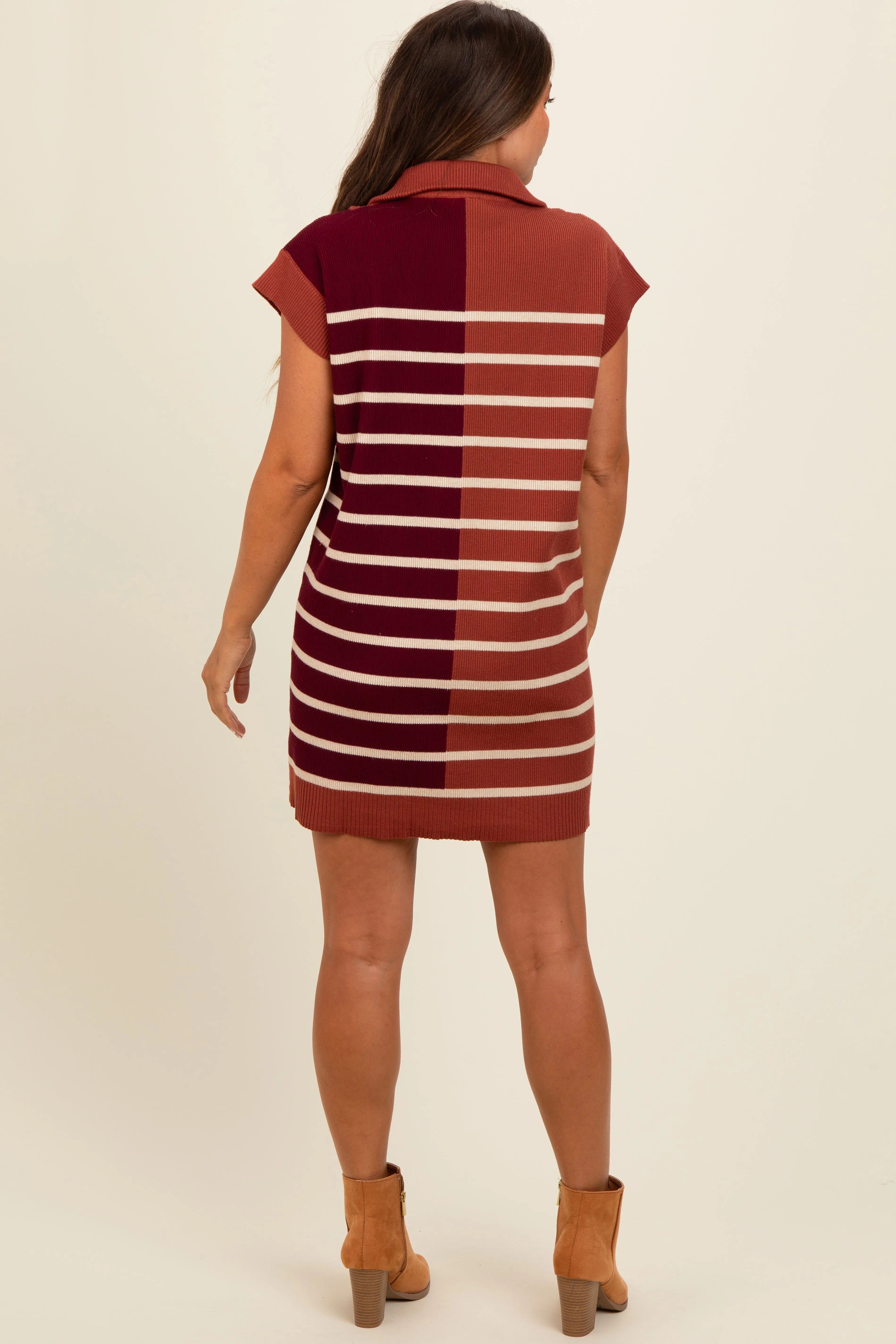 Rust Knit Striped Colorblock Collared Zip Up Maternity Mini Dress sold by Pinkblush product image thumbnail 4