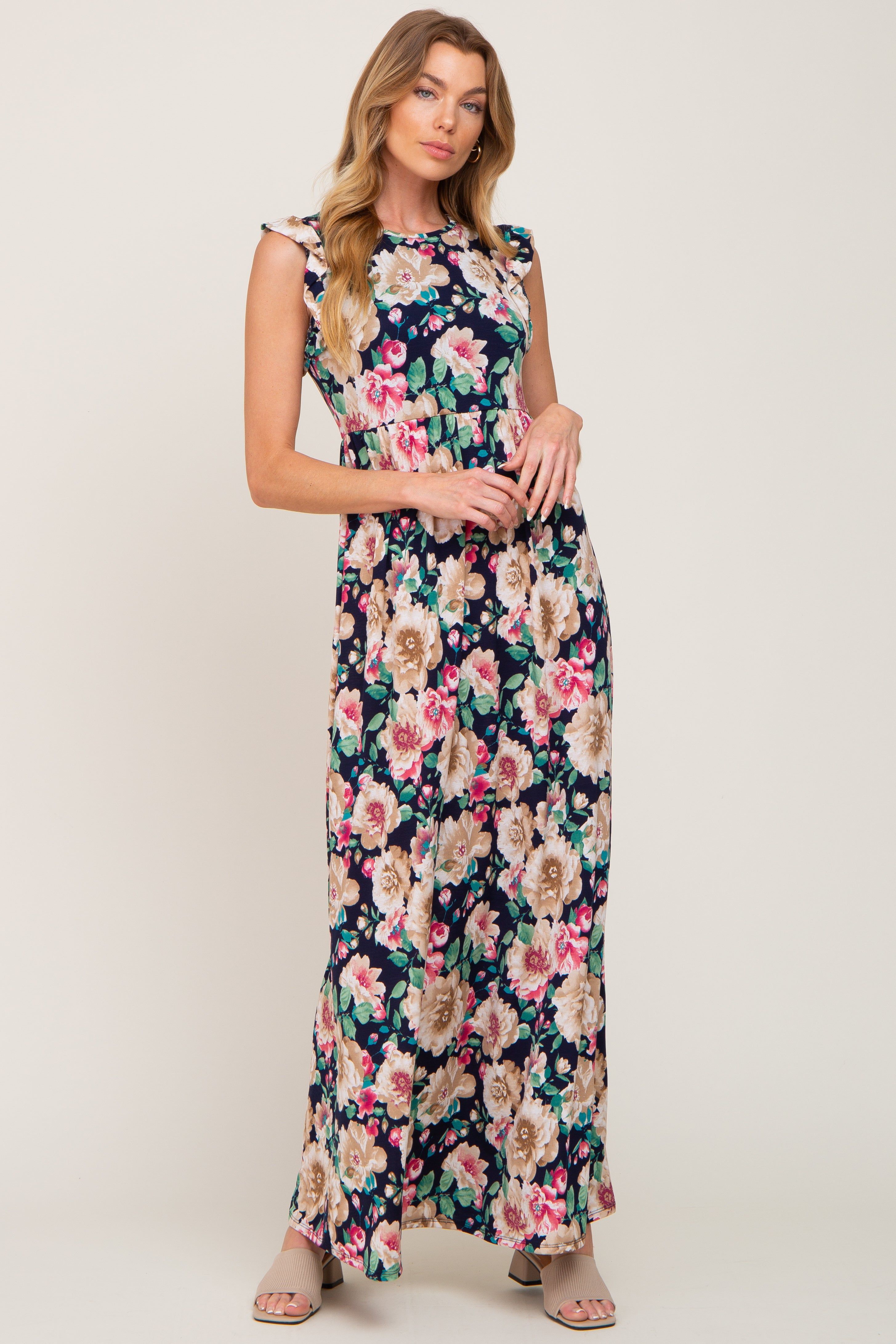 Navy Floral Ruffle Accent Maxi Dress sold by Pinkblush