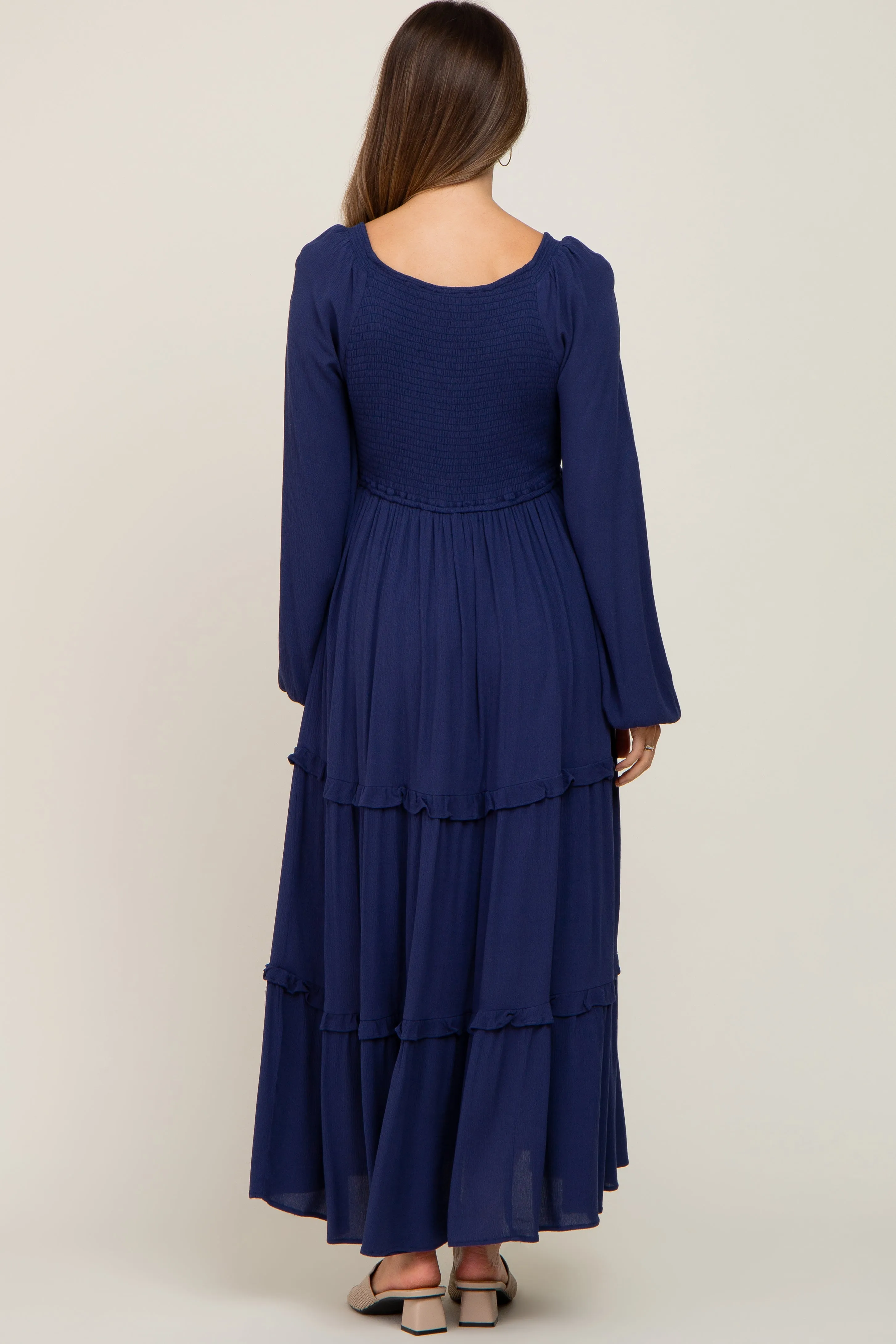 Navy Blue Smocked Tiered Maternity Midi Dress sold by Pinkblush product image thumbnail 3