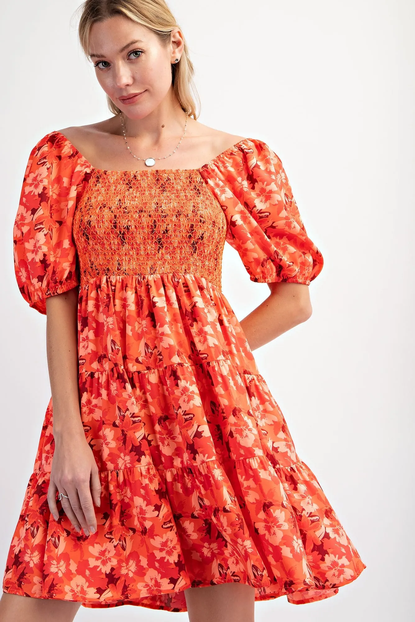 Orange Floral Smocked Tiered Dress sold by Pinkblush