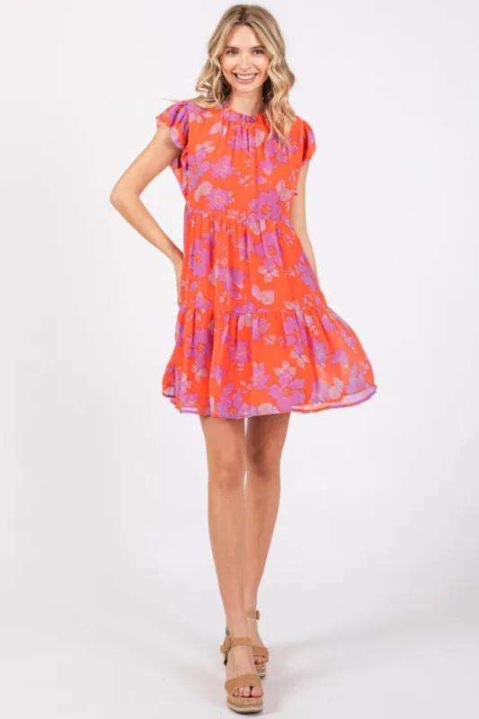 Red Orange Floral Tiered Mini Dress sold by Pinkblush