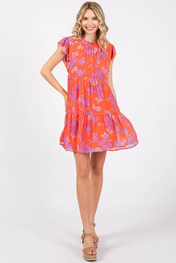 Red Orange Floral Tiered Mini Dress sold by Pinkblush