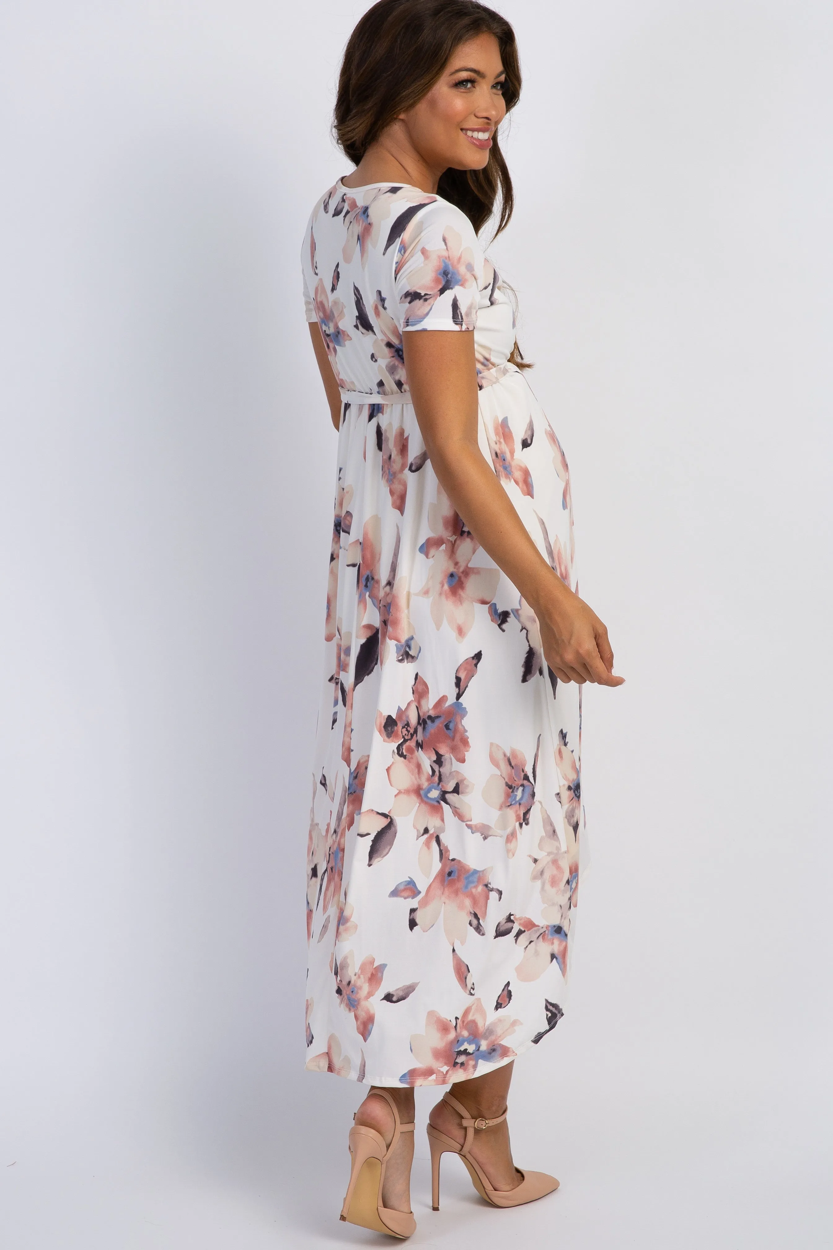 PinkBlush Ivory Watercolor Floral Hi-Low Maternity Wrap Dress sold by Pinkblush product image thumbnail 3