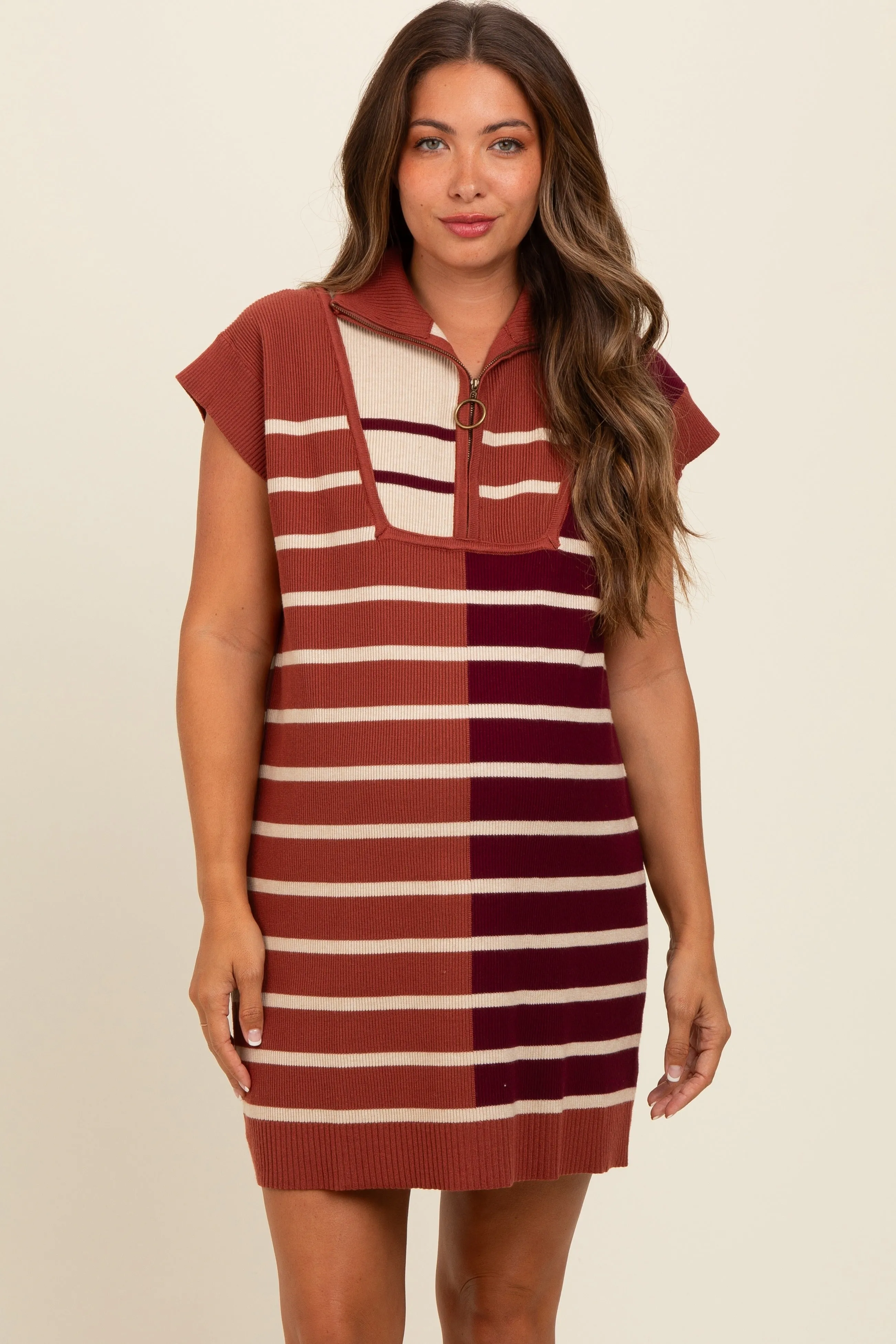 Rust Knit Striped Colorblock Collared Zip Up Maternity Mini Dress sold by Pinkblush product image thumbnail 2