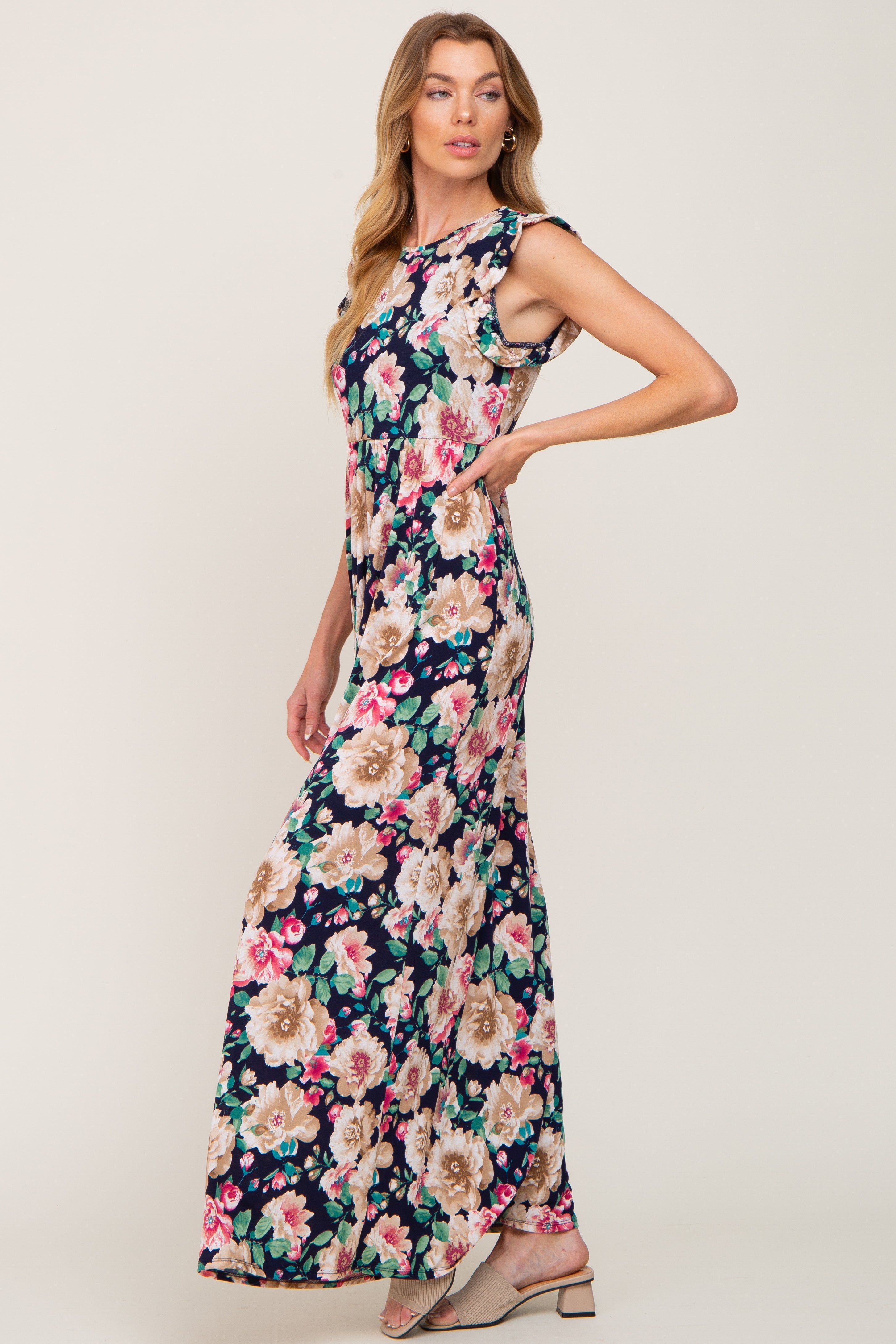 Navy Floral Ruffle Accent Maxi Dress sold by Pinkblush product image thumbnail 2