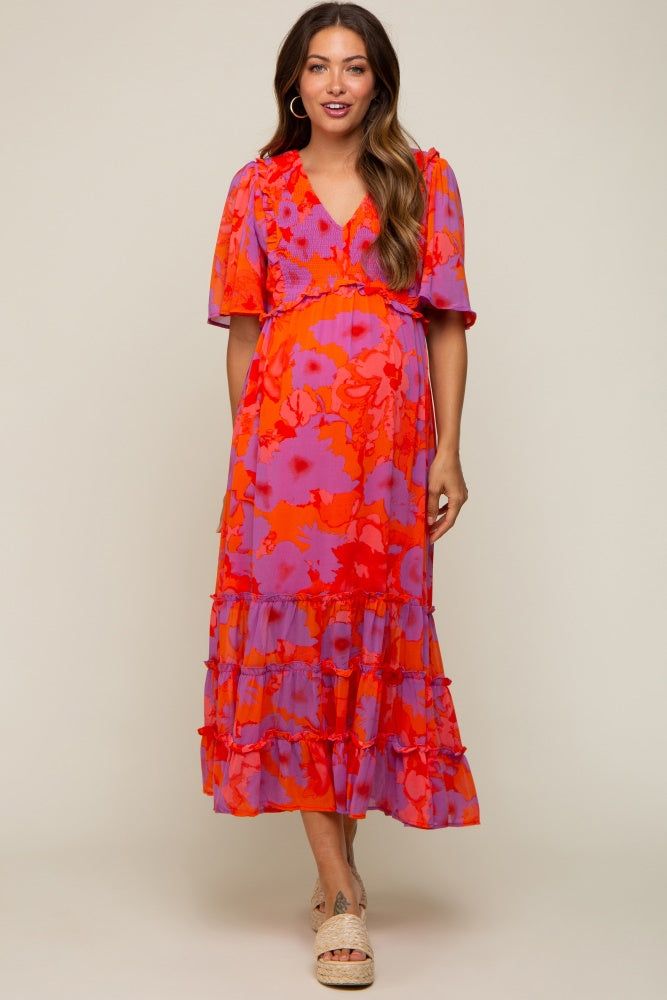Red Orange Floral Ruffle Tier Accent Maternity Midi Dress sold by Pinkblush product image thumbnail 2