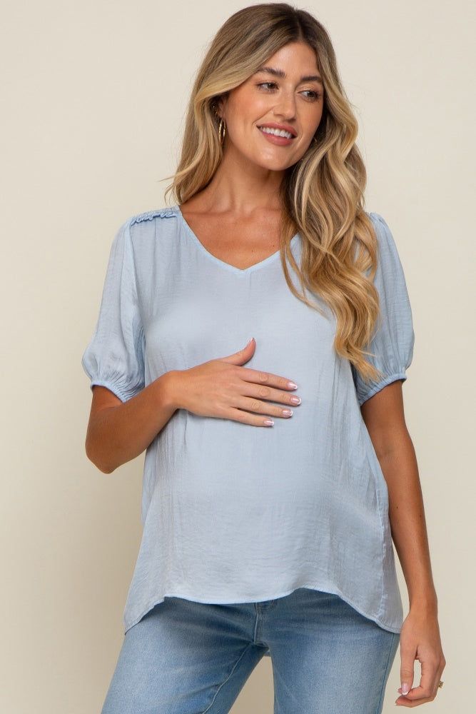 Light Blue Puff Sleeve Maternity Blouse sold by Pinkblush