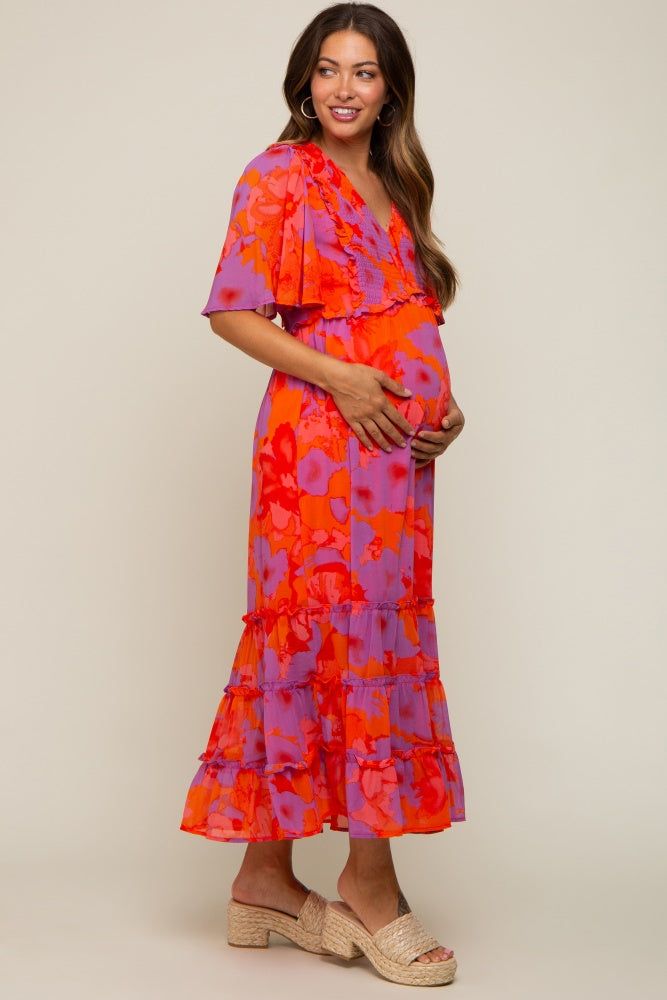 Red Orange Floral Ruffle Tier Accent Maternity Midi Dress sold by Pinkblush product image thumbnail 3