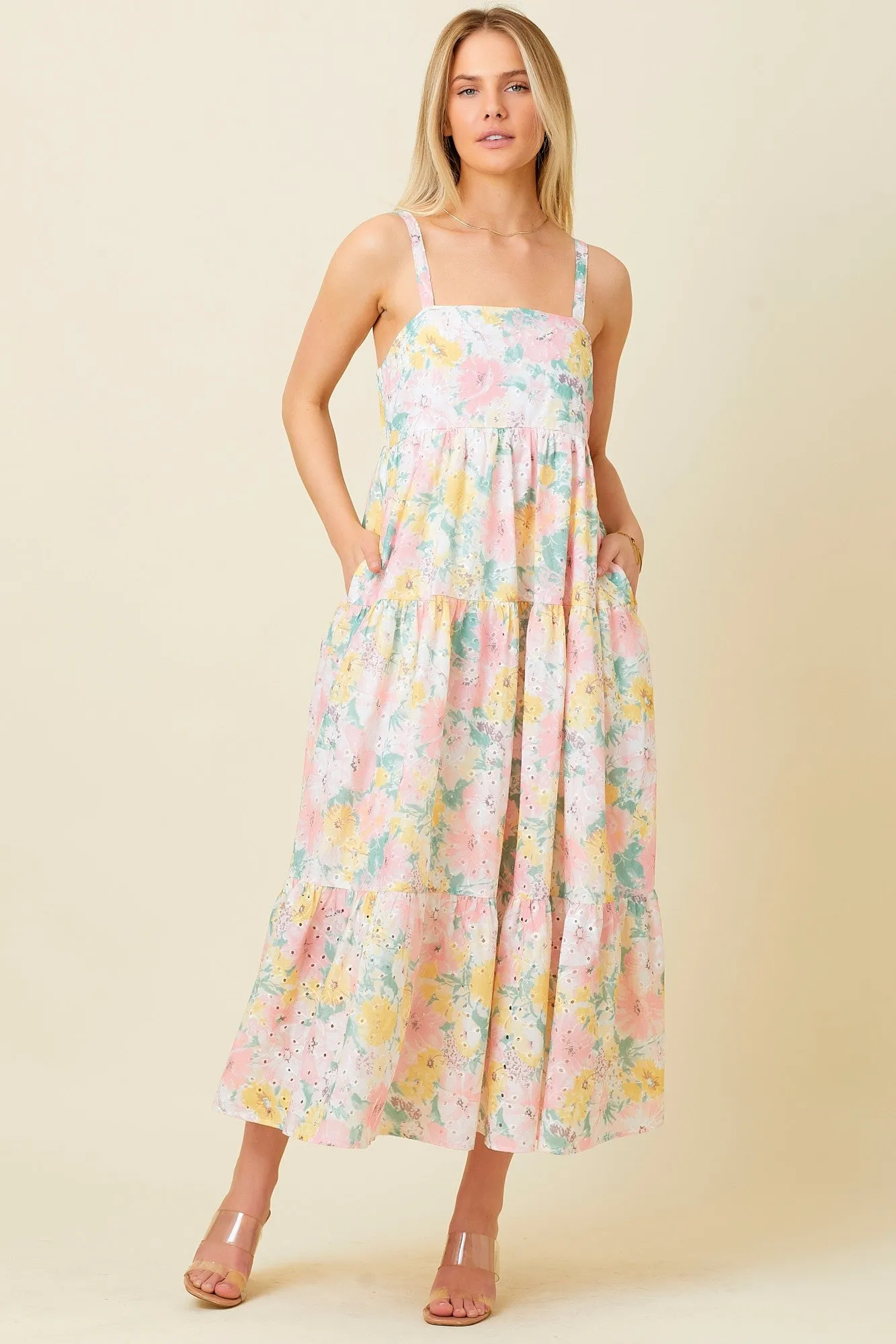 Multi-Color Floral Eyelet Square Neck Midi Dress sold by Pinkblush