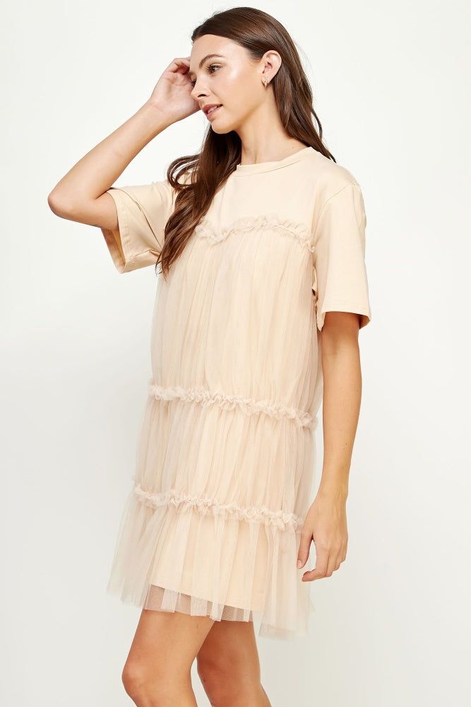 Oatmeal Tulle Overlay Tiered Mini Dress sold by Pinkblush product image thumbnail 2