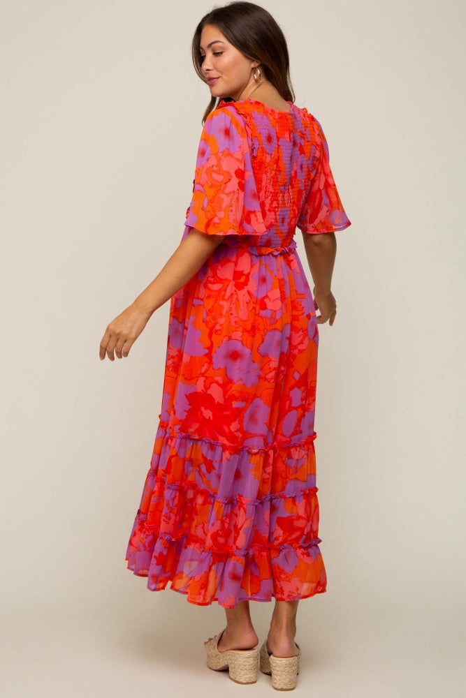 Red Orange Floral Ruffle Tier Accent Maternity Midi Dress sold by Pinkblush product image thumbnail 4
