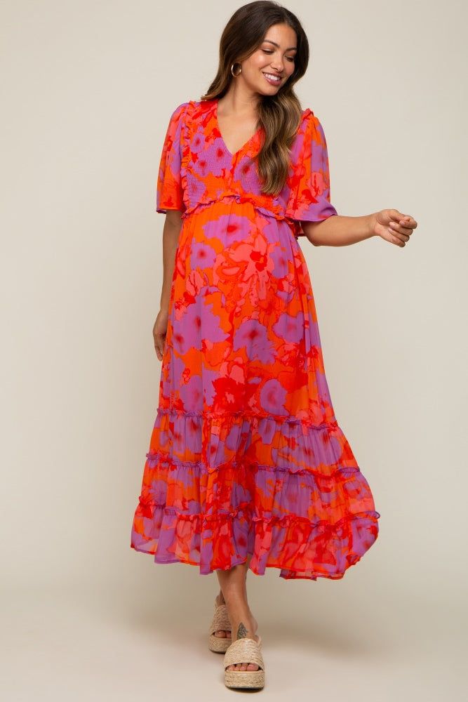 Red Orange Floral Ruffle Tier Accent Maternity Midi Dress sold by Pinkblush