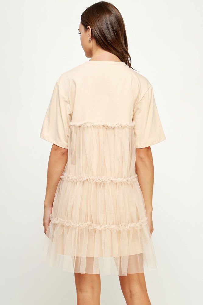 Oatmeal Tulle Overlay Tiered Mini Dress sold by Pinkblush product image thumbnail 3