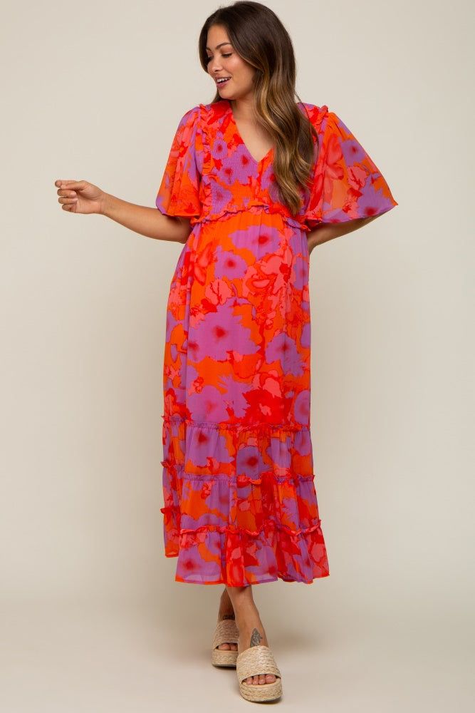 Red Orange Floral Ruffle Tier Accent Maternity Midi Dress sold by Pinkblush product image thumbnail 5
