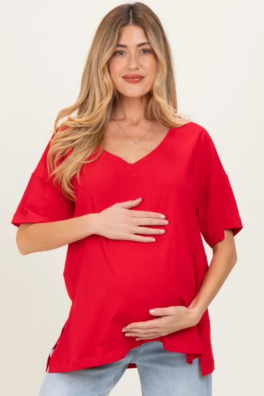 Red Oversized Reversible V-Neck Maternity Tee sold by Pinkblush