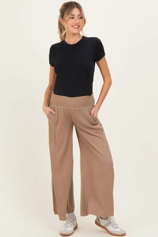 Camel Smocked Waist Ankle Wide Leg Maternity Pants sold by Pinkblush