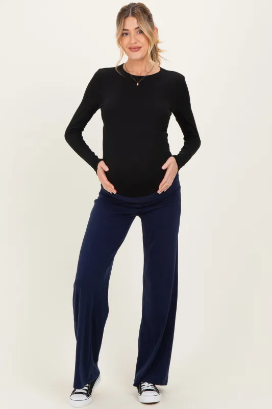Navy Wide Leg Fold Over Maternity Lounge Pants sold by Pinkblush