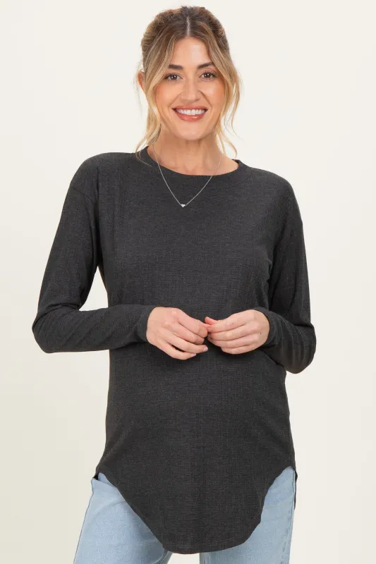 Charcoal Long Sleeve Round Hem Textured Maternity Top made by Pinkblush